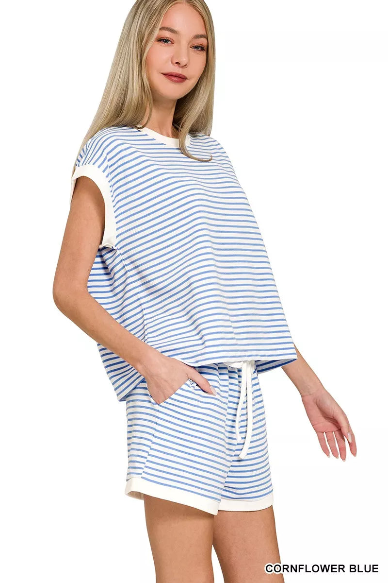 Zenana Stripe Contrast Trim Top & Shorts Set