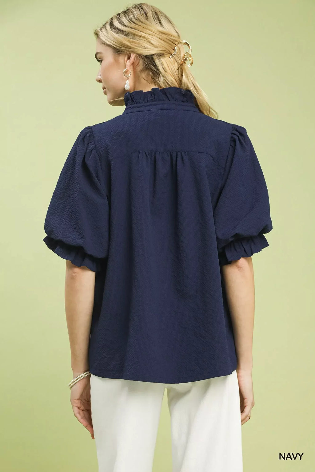Umgee Textured Smocked Yoke Split-Neck Top