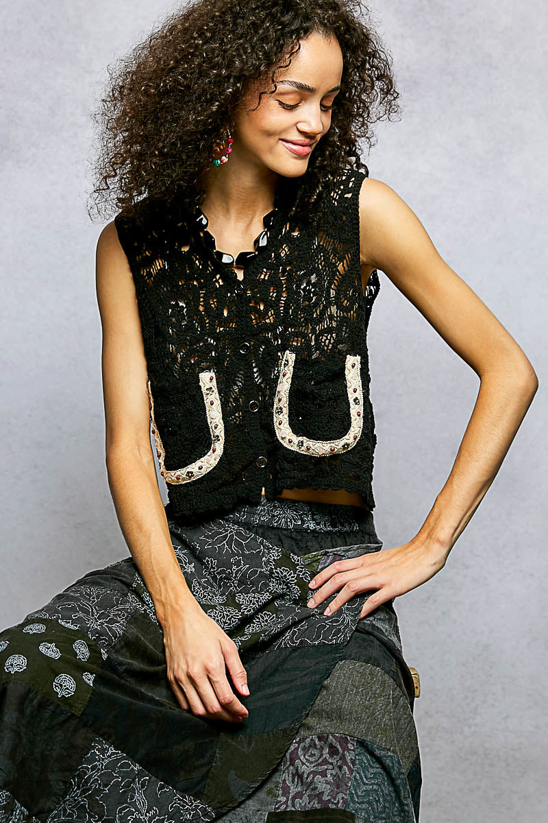 POL Button Down Cropped Crochet Vest with Scalloped Edge