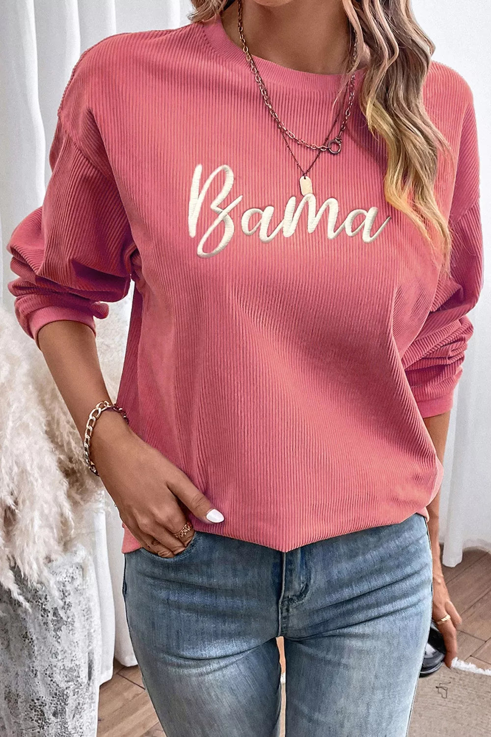 Corded Ribbed Bama Embroidered Letter Graphic Sweatshirt