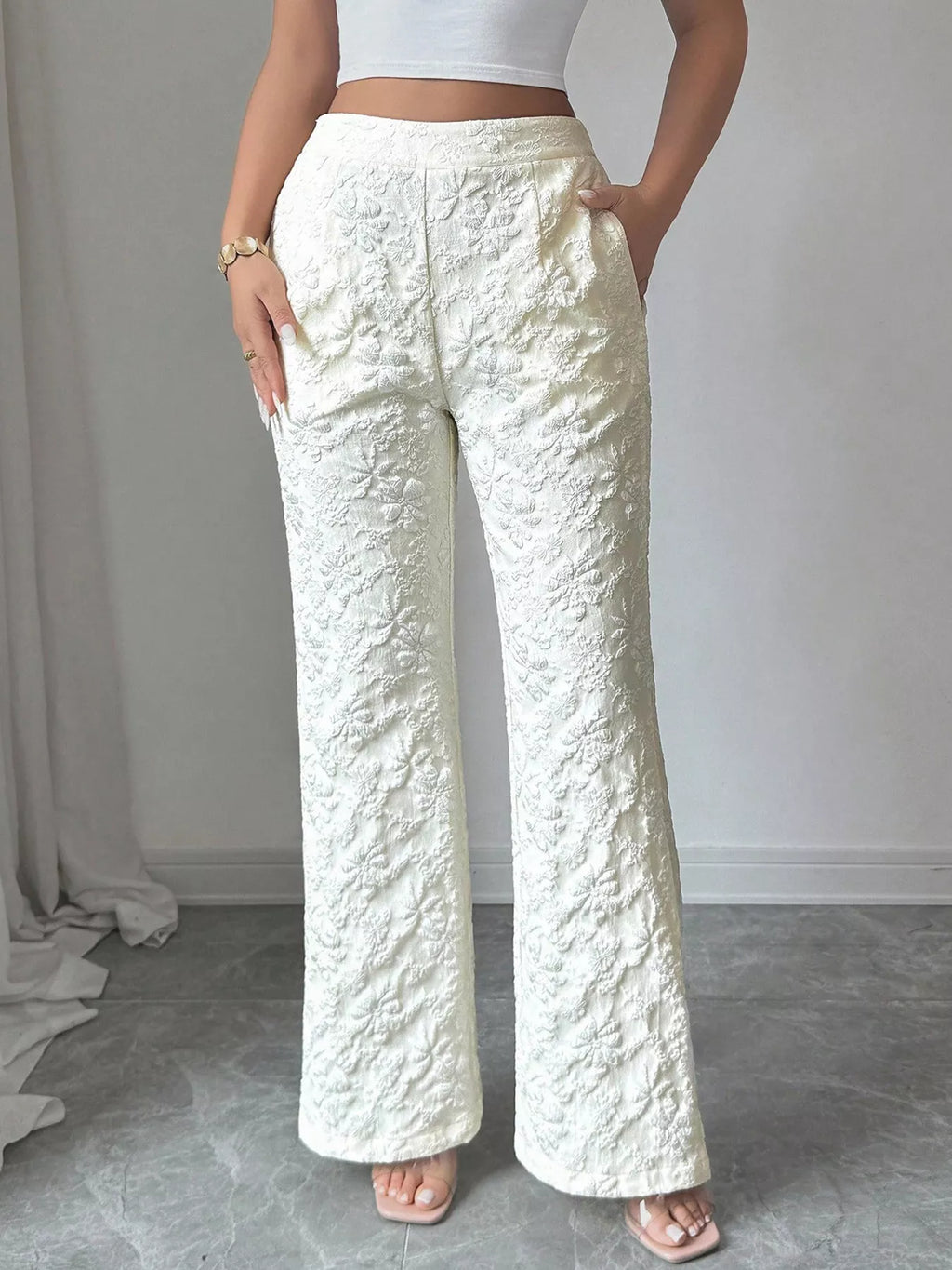 Floral Textured Wide-Leg Pants