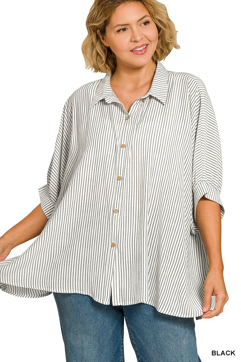 Zenana Full Size Woven Stripe Button Down Boxy Shirt Plus Size