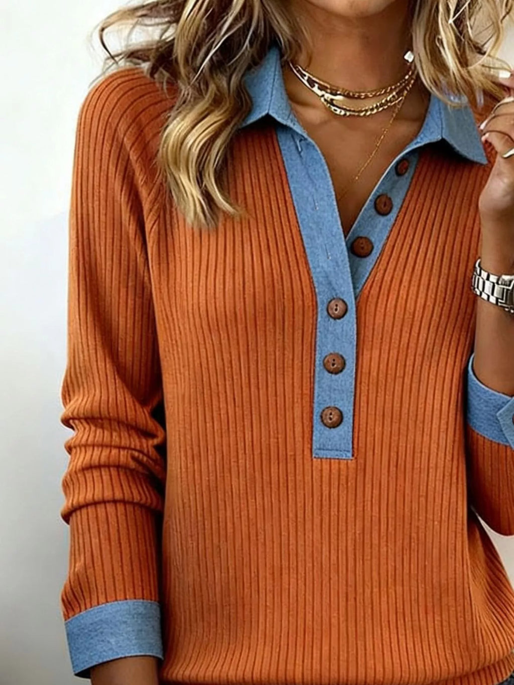 Full Size Half Button Ribbed Long Sleeve Knit Top Plus Size