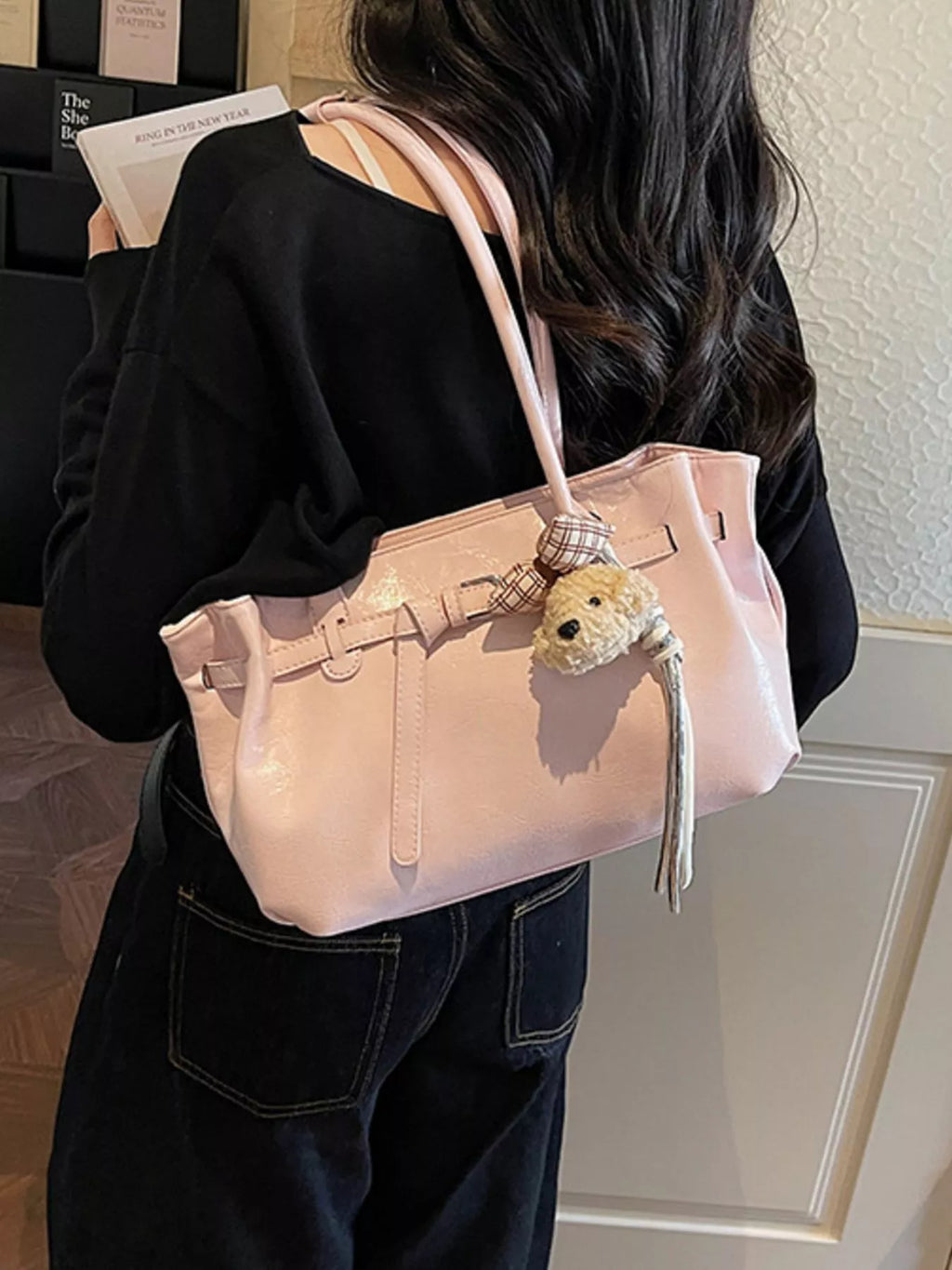 Leather Shoulder Bag with Dog Charm