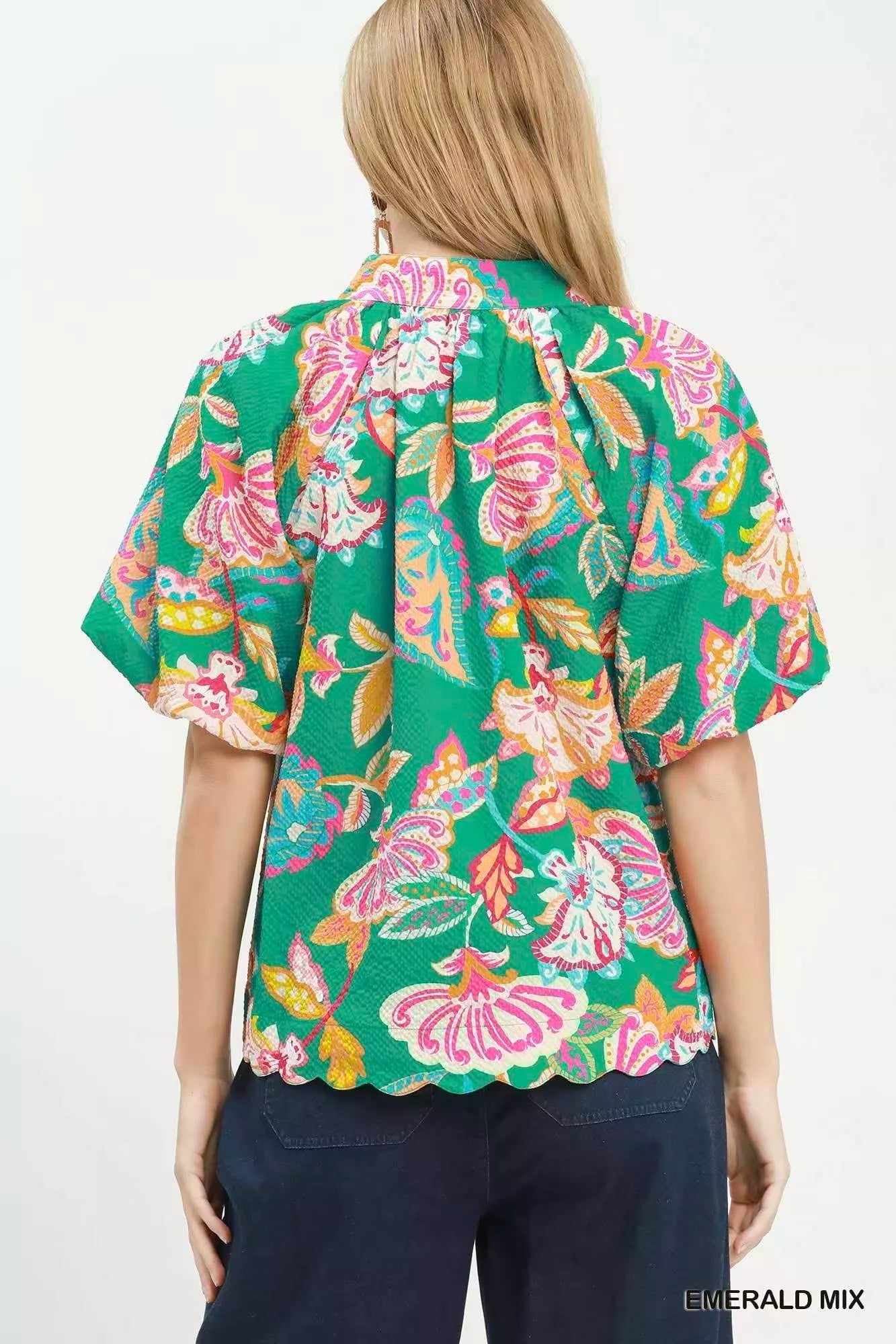 Umgee Mix Floral Print Scallop Hem Blouse