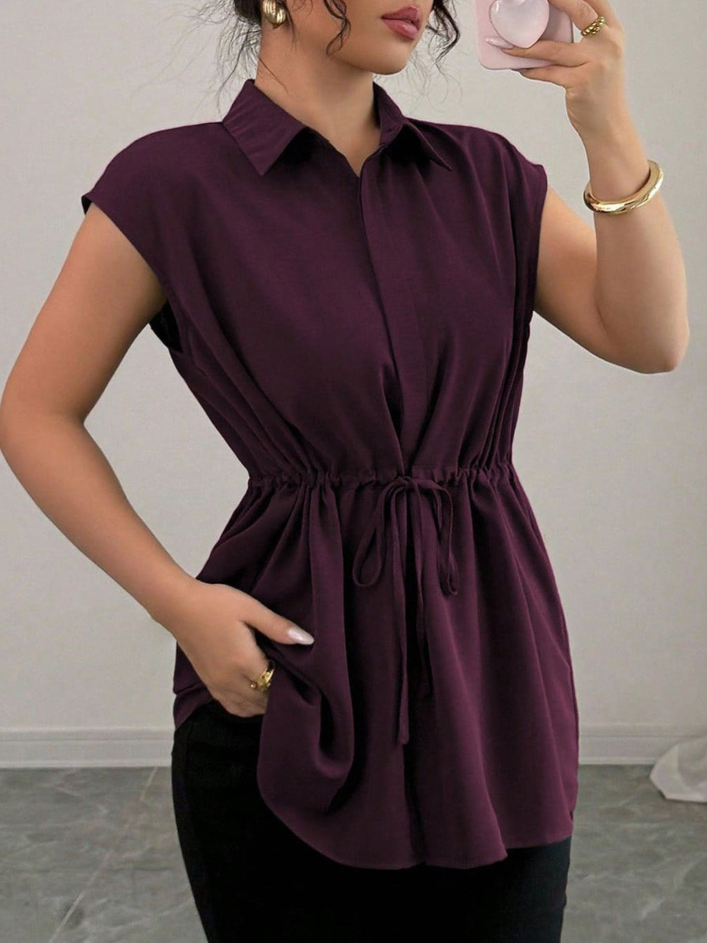 Drawstring Waist Cap Sleeve Shirt