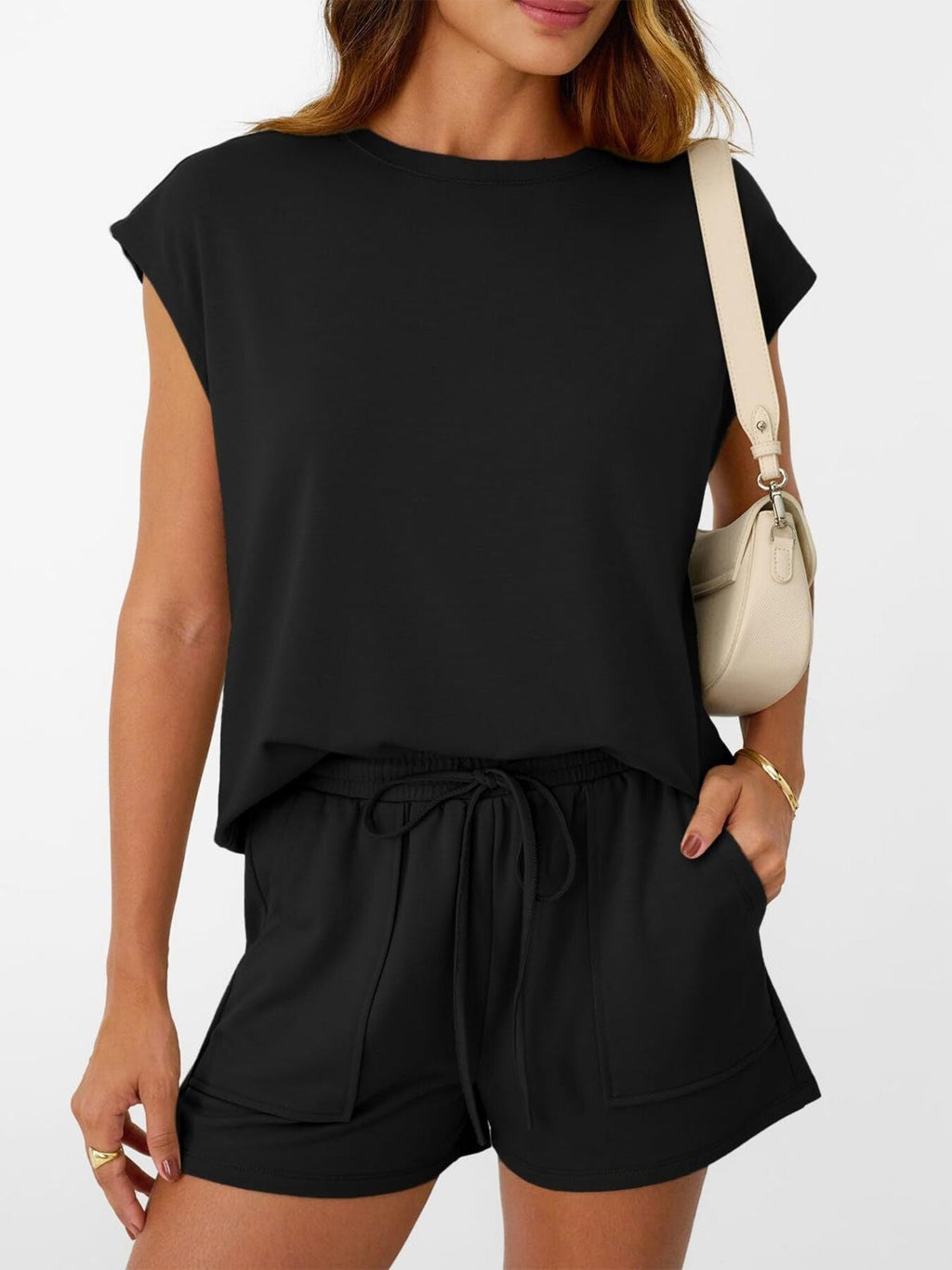 Round Neck Cap Sleeve Top and Shorts Set
