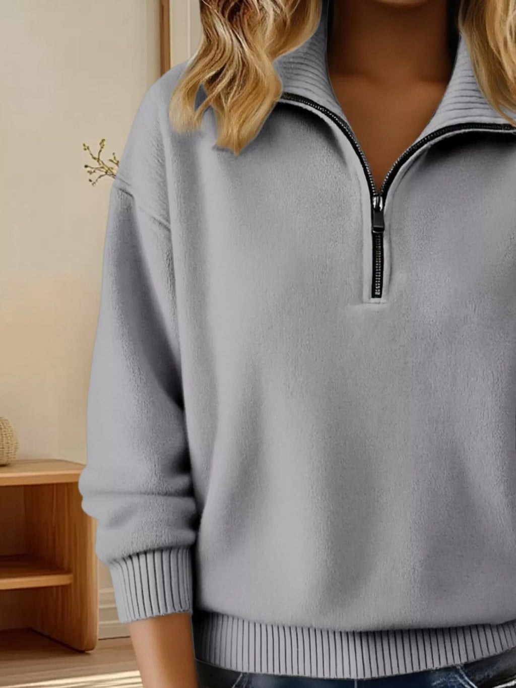 Full Size Half Zip Dropped Shoulder Sweater Plus Size