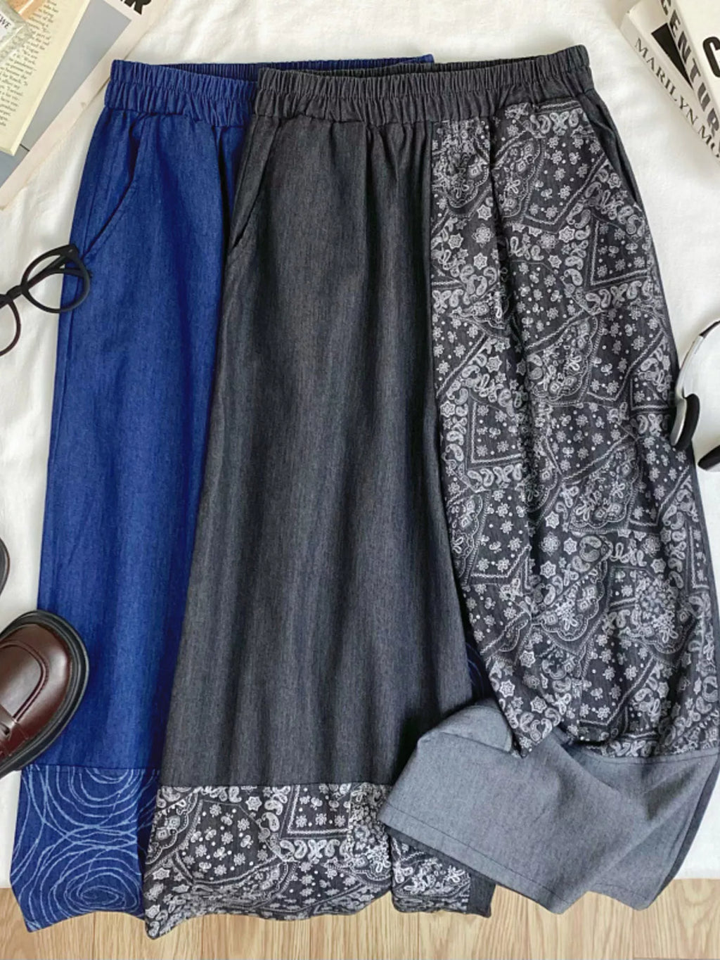 Elastic Waist Printed Jeans