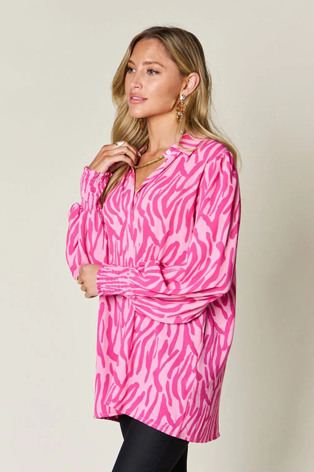 Double Take Full Size Printed Smocked Long Sleeve Blouse Plus Size