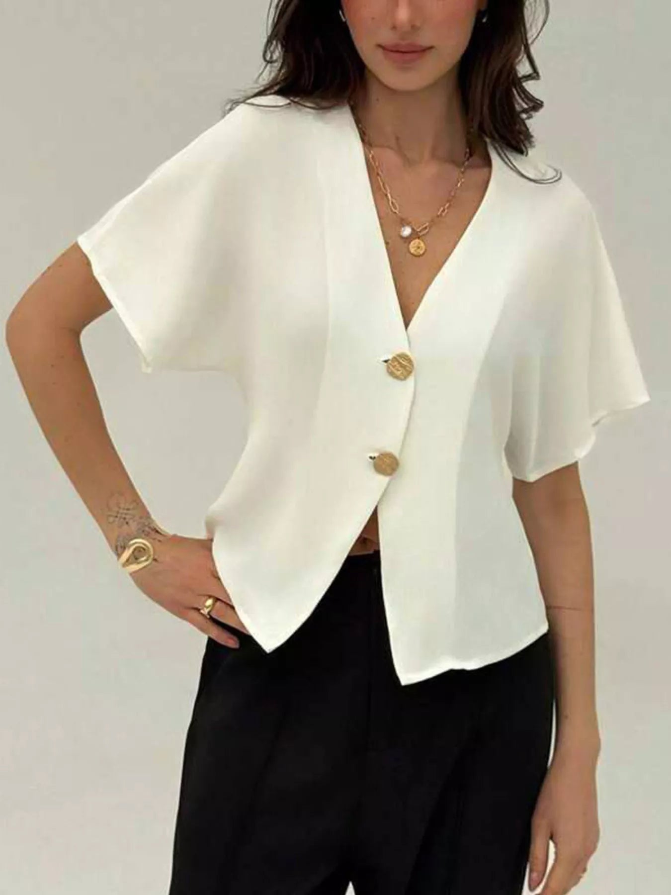 V-Neck Button-Up Short Sleeve Shirt