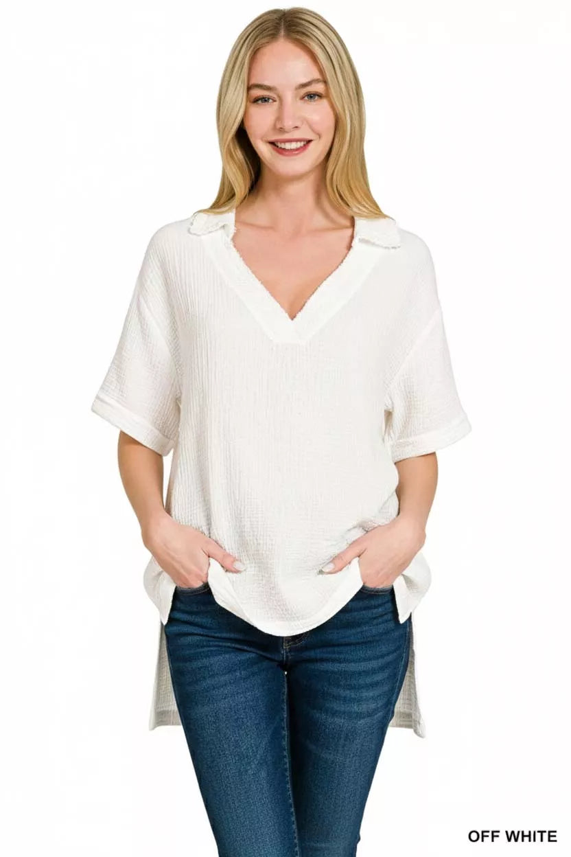 Zenana Double Gauze Short Sleeve High-Low Top