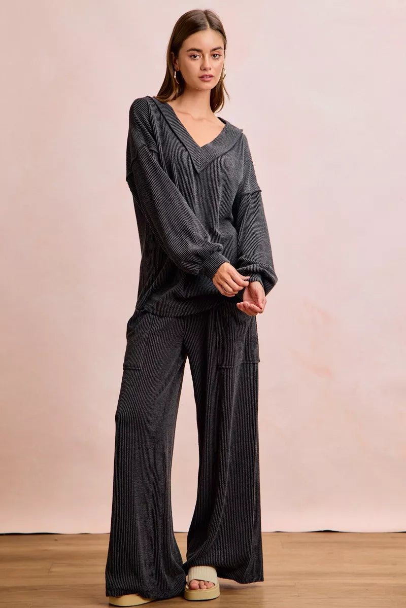 BiBi Two Tone Cord Rib Contrast Stitching V-Neck Top and Pants Set
