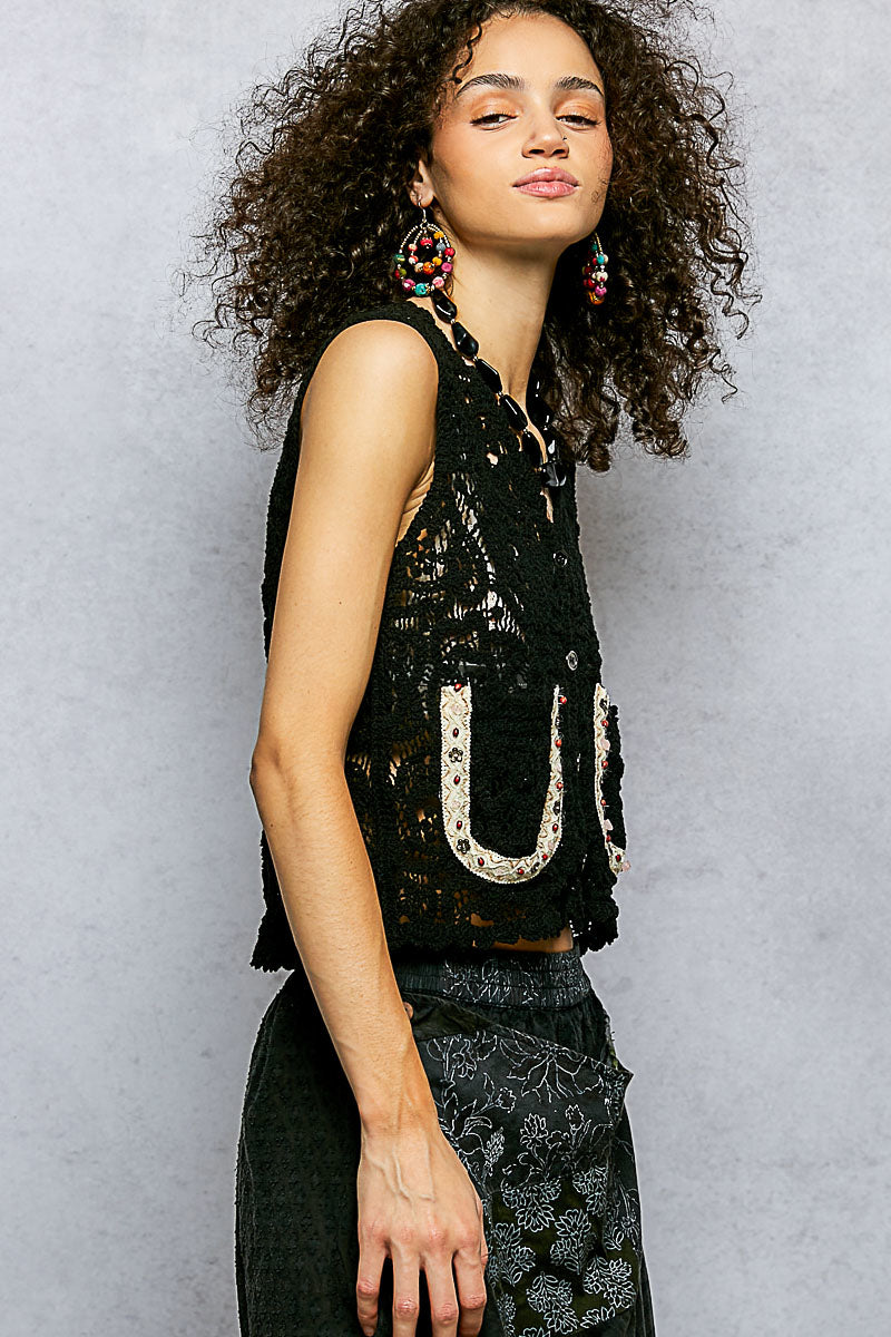 POL Button Down Cropped Crochet Vest with Scalloped Edge