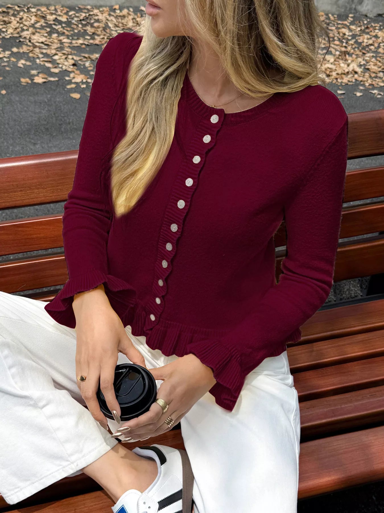 Ruffled Trim Button-Up Knit Cardigan