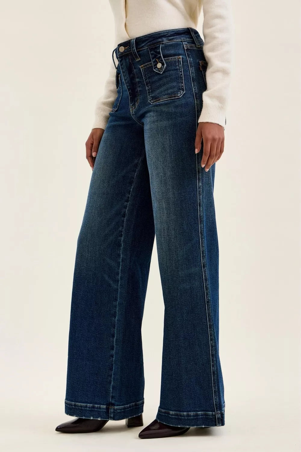 Judy Blue High Waist "lux" Retro Wide Jeans with Front Patch Tab Closure Dk Fade Indigo