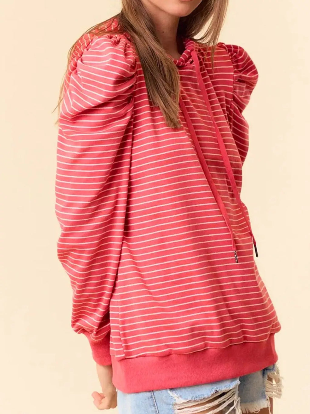 Striped Puff Sleeve Hoodie with Drawstring