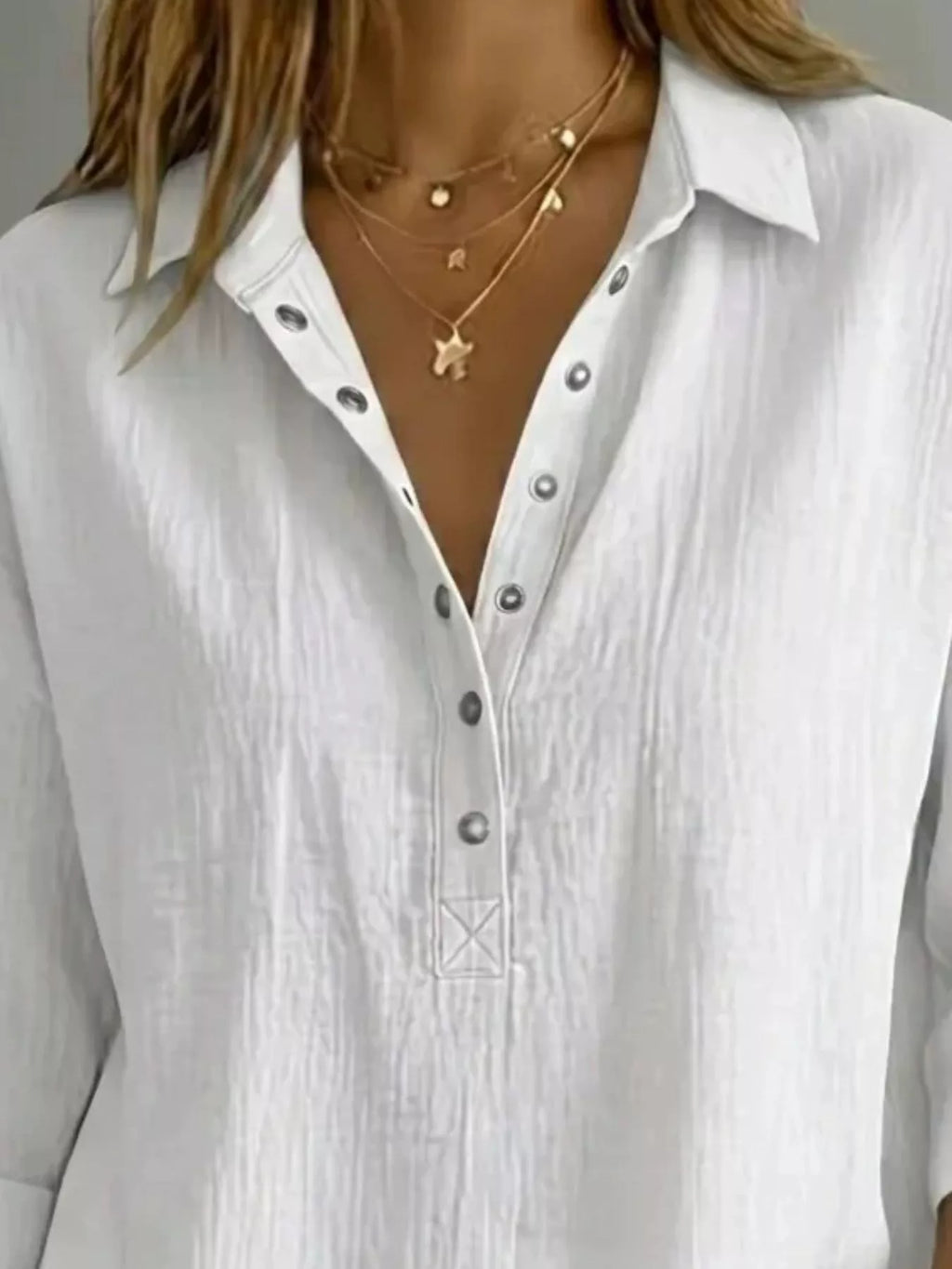 Full Size Snap Down 3/4 Sleeves Blouse Plus Size