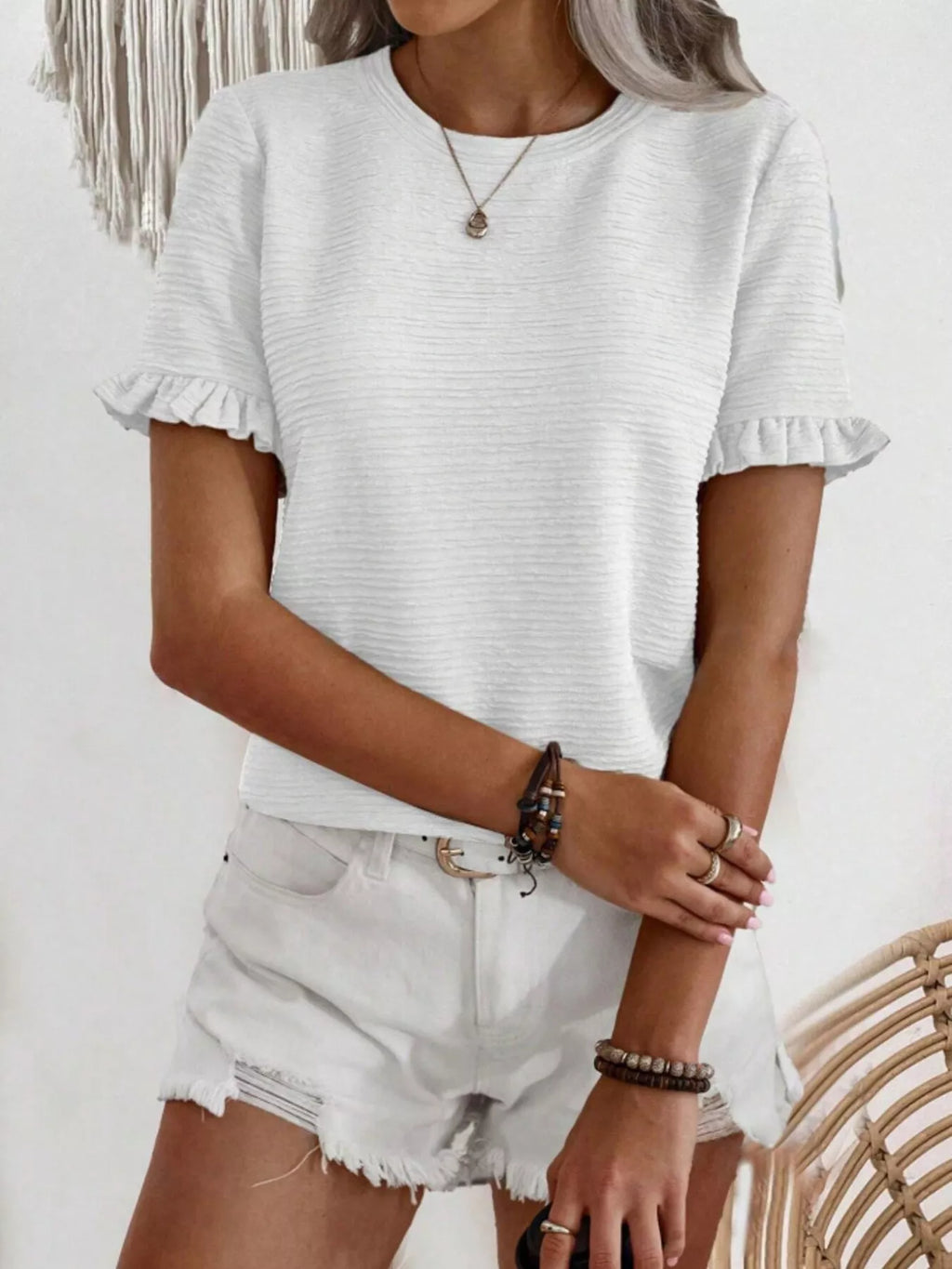 Textured Ruffle Sleeve Round Neck T-Shirt