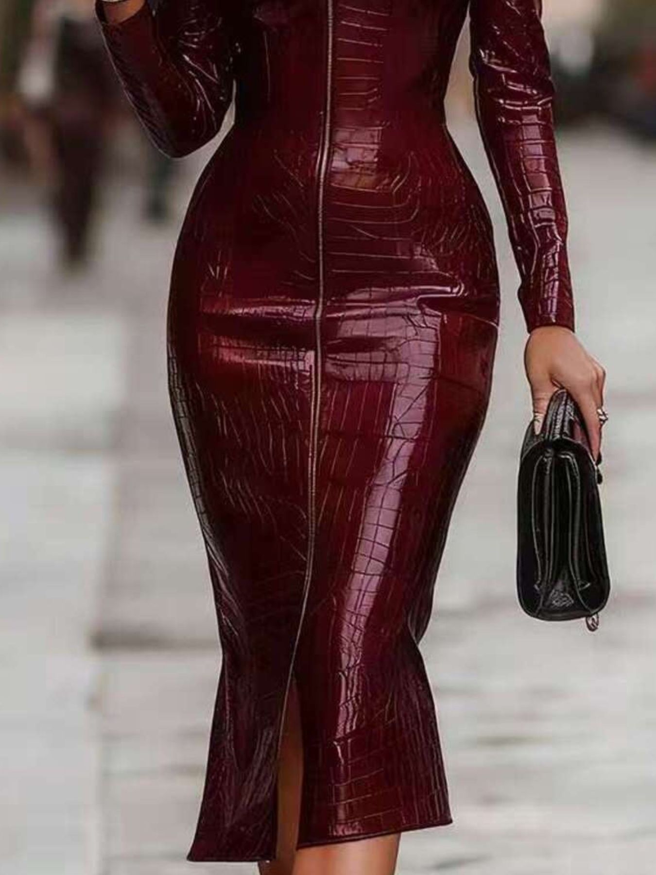 Full Size Crocodile Embossed Zipper Front Bodycon Midi Dress Plus Size