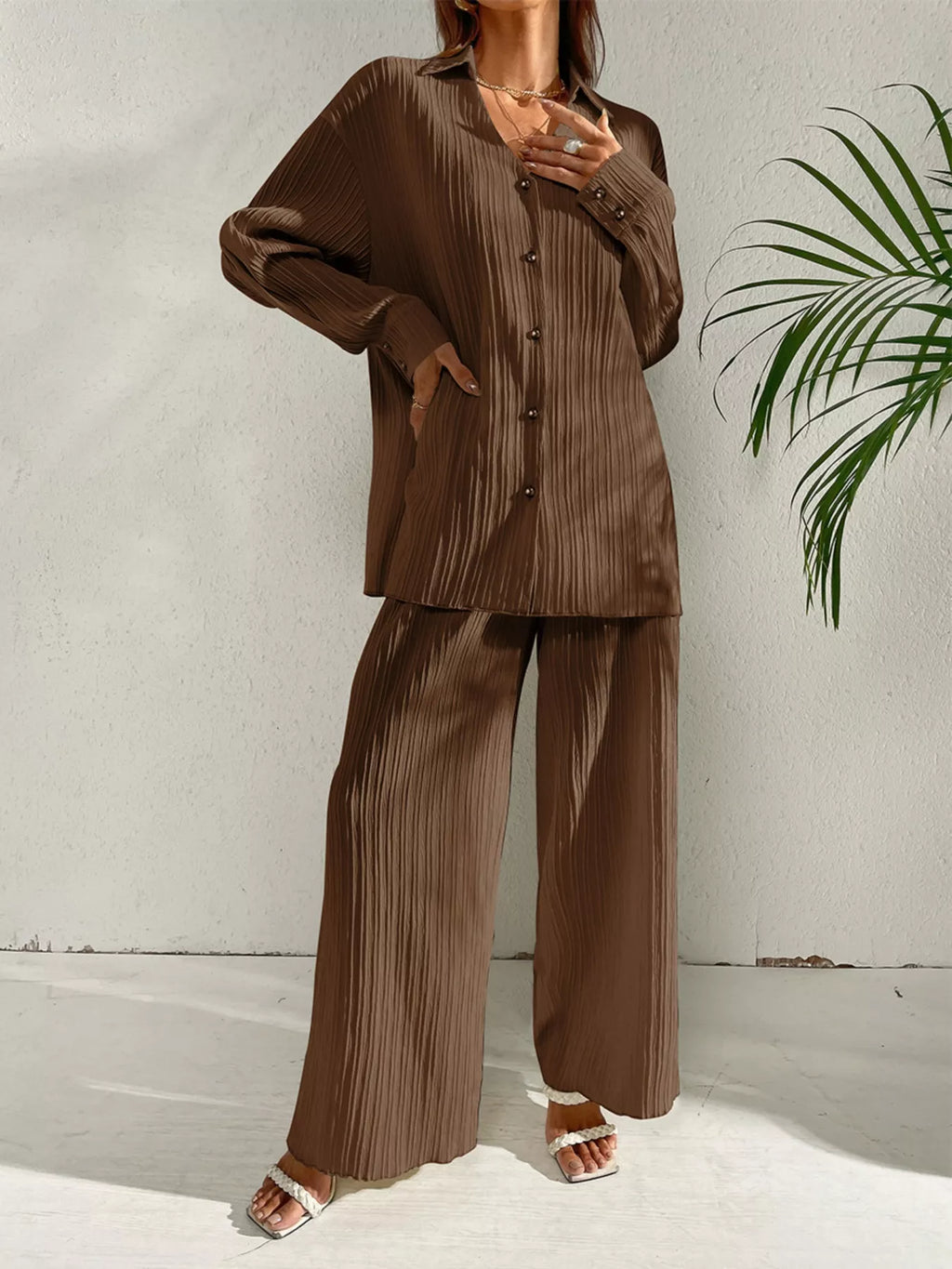 Long Sleeve Shirt & Wide Leg Pants Set