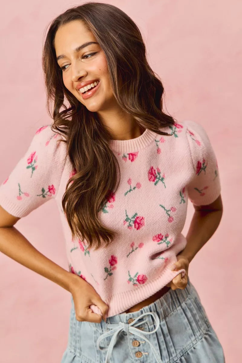 SO ME Floral Pattern Knit Puff Sleeves Sweater Top