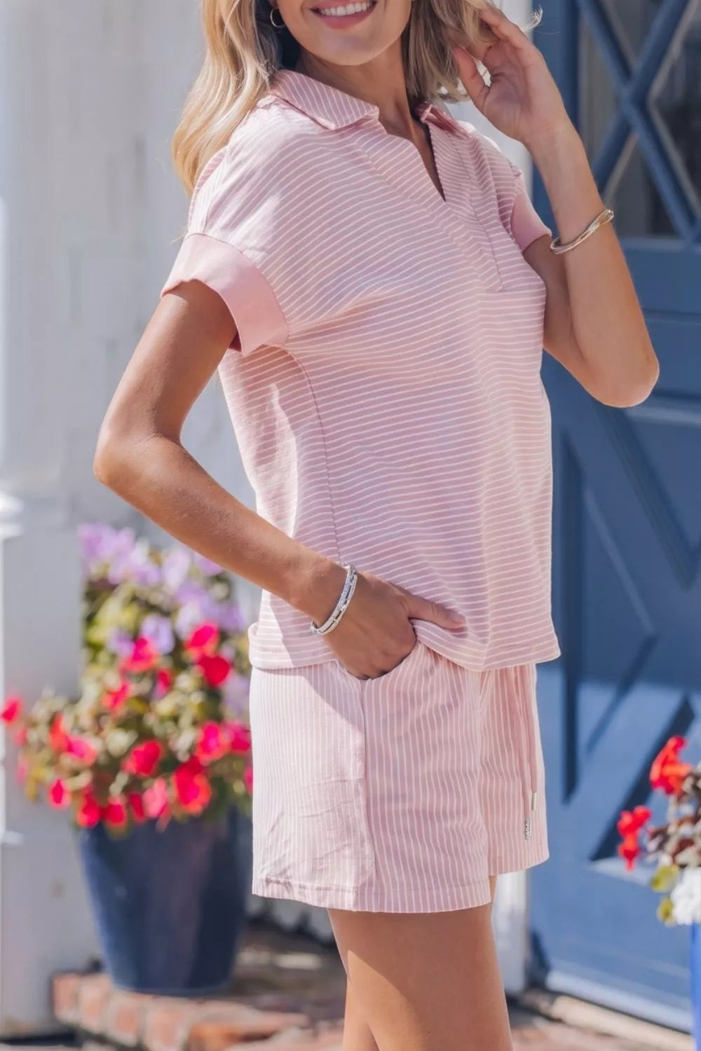 Stripe Dolman Sleeve Polo Shirt and Drawstring Shorts Set