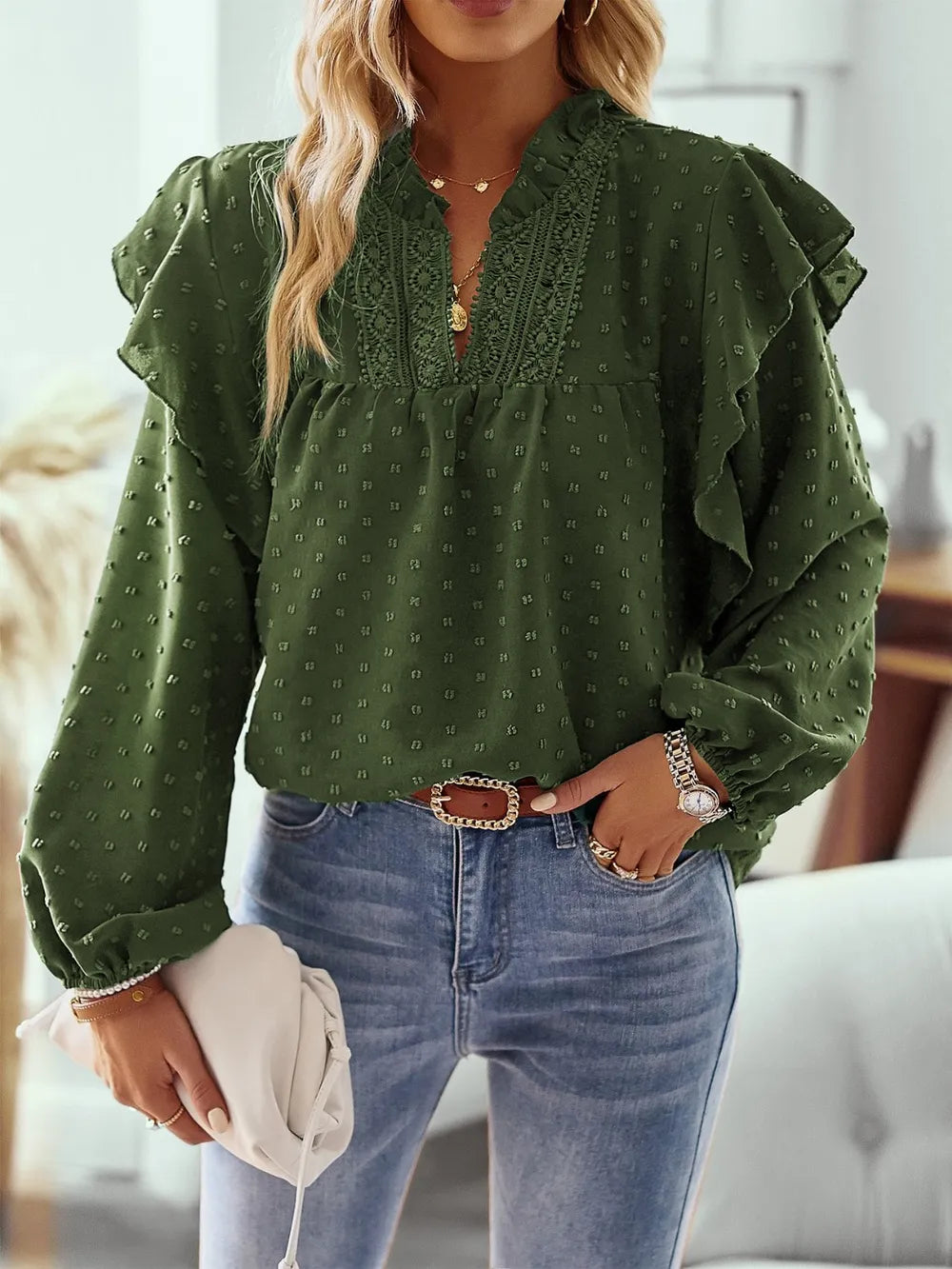 Swiss Dot Ruffled Long Sleeve Blouse