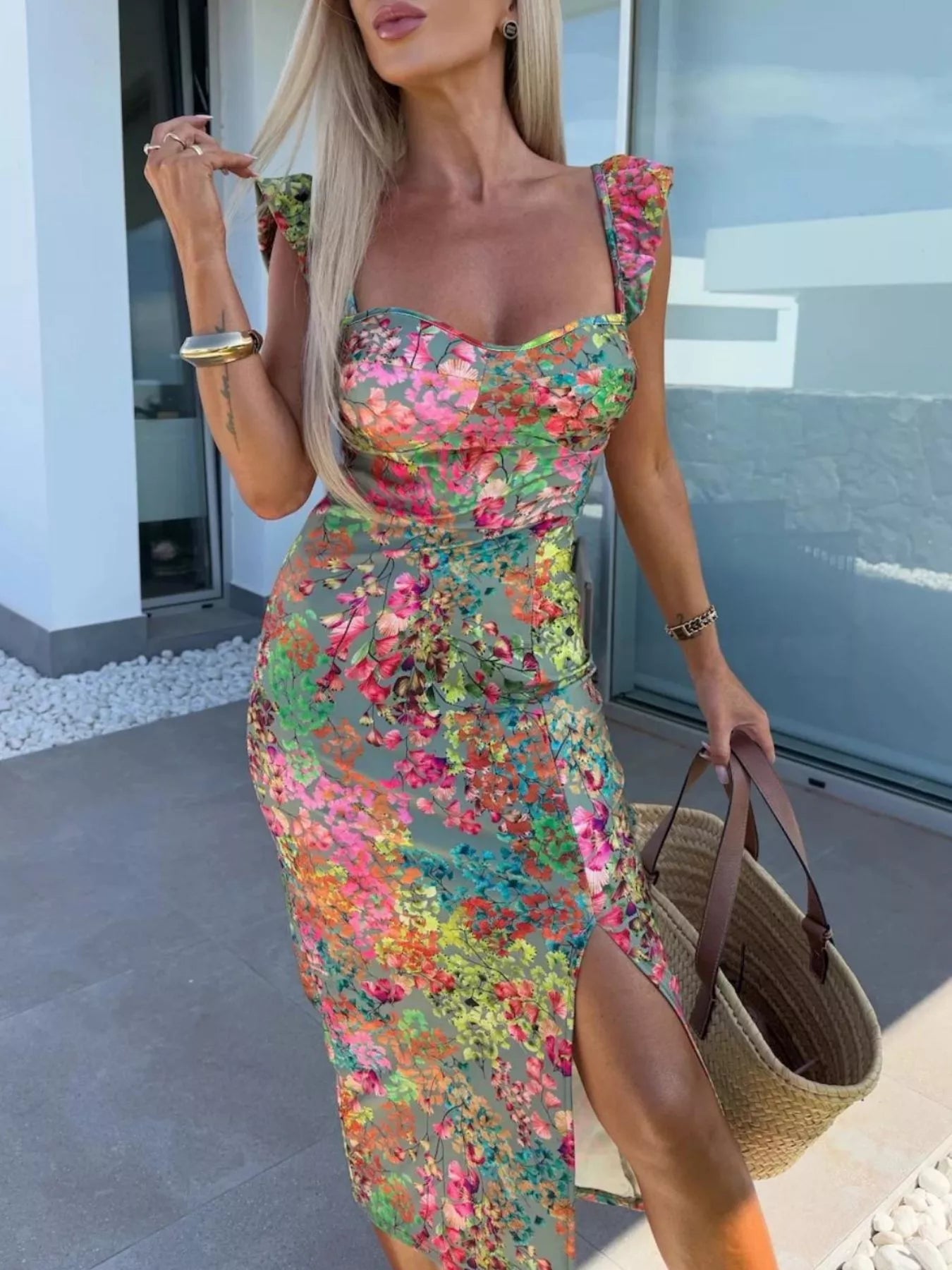 Slit Sweetheart Neck Midi Dress