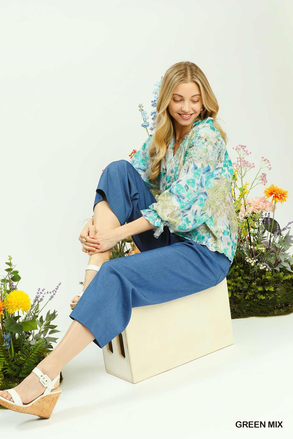 Umgee Watercolor Floral Blouse with Flounce Sleeve