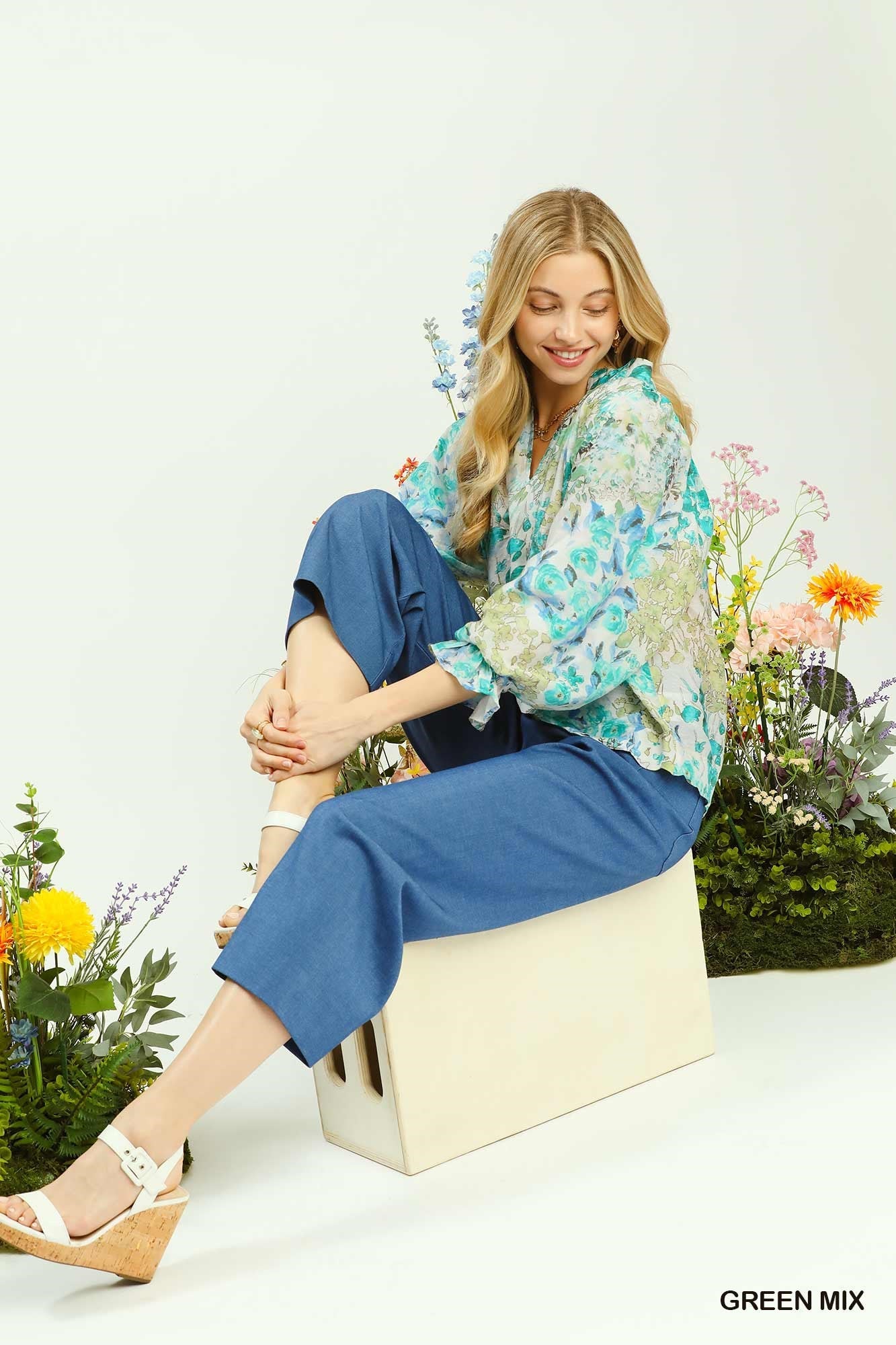 Umgee Watercolor Floral Blouse with Flounce Sleeve
