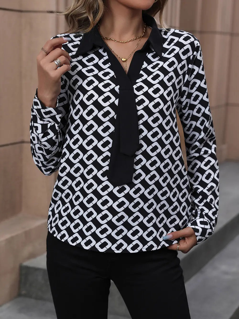 Perfee Printed Collared Neck Long Sleeve Shirt