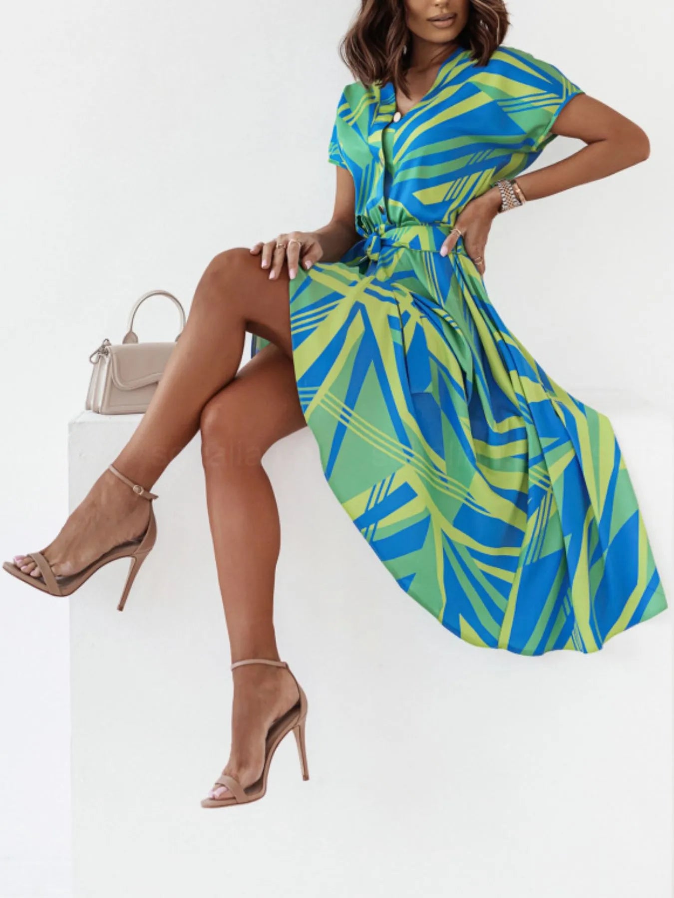 Printed Button Front Midi Dress with Belt
