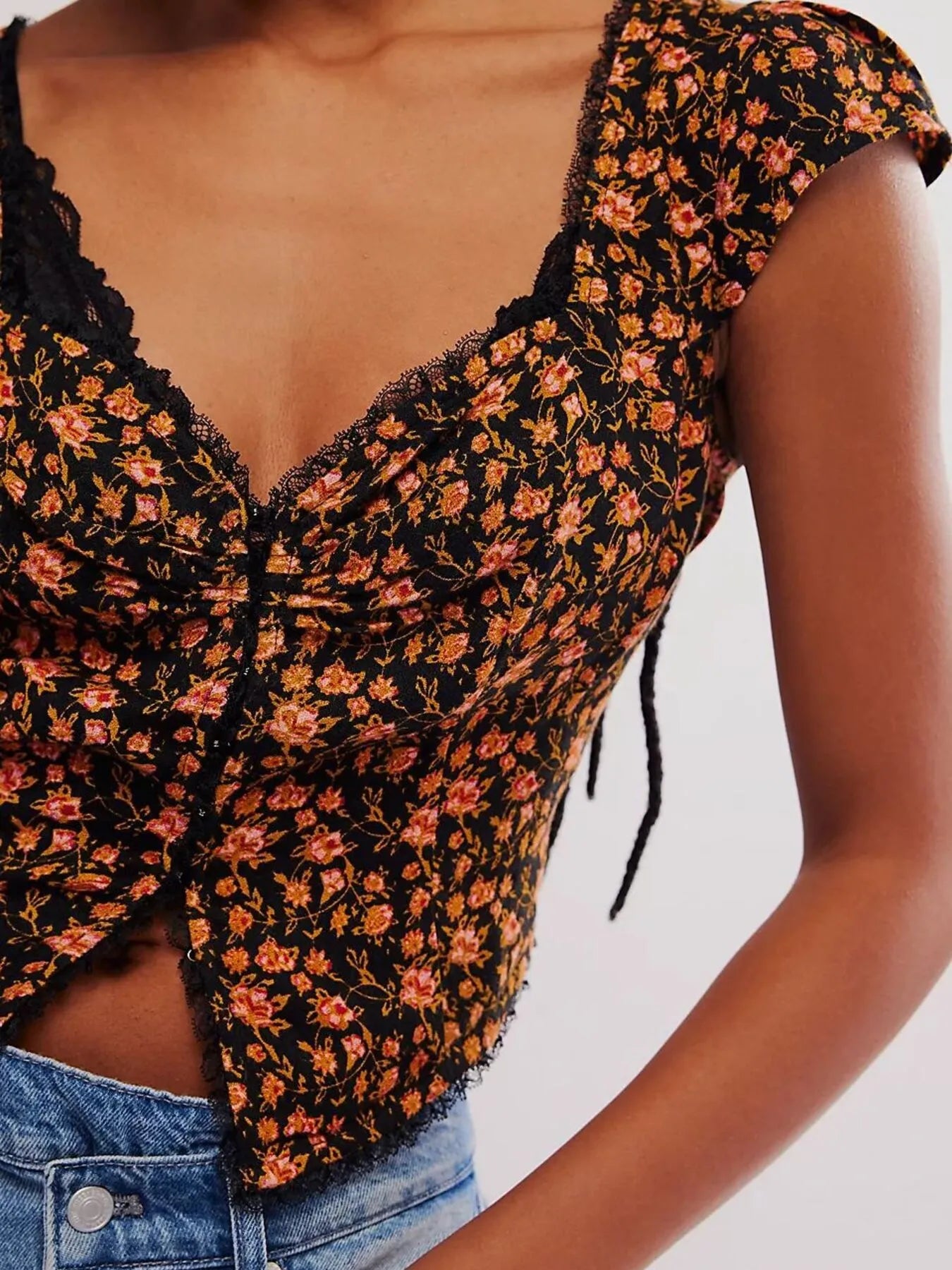 Floral Print Cap Sleeve Cropped Top