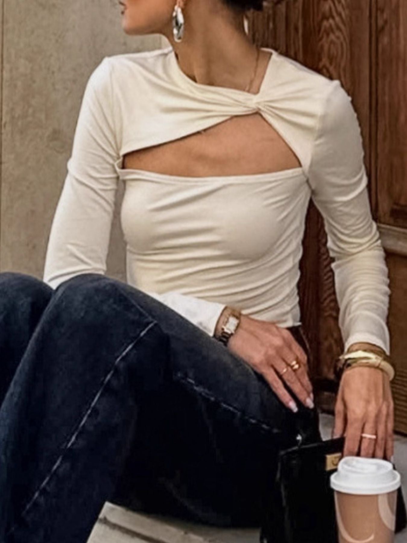 Cutout Knot Front Long Sleeve Top