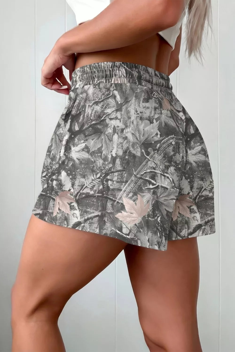 Abstract Maple Leaf Printed Tie Elastic Waist Shorts