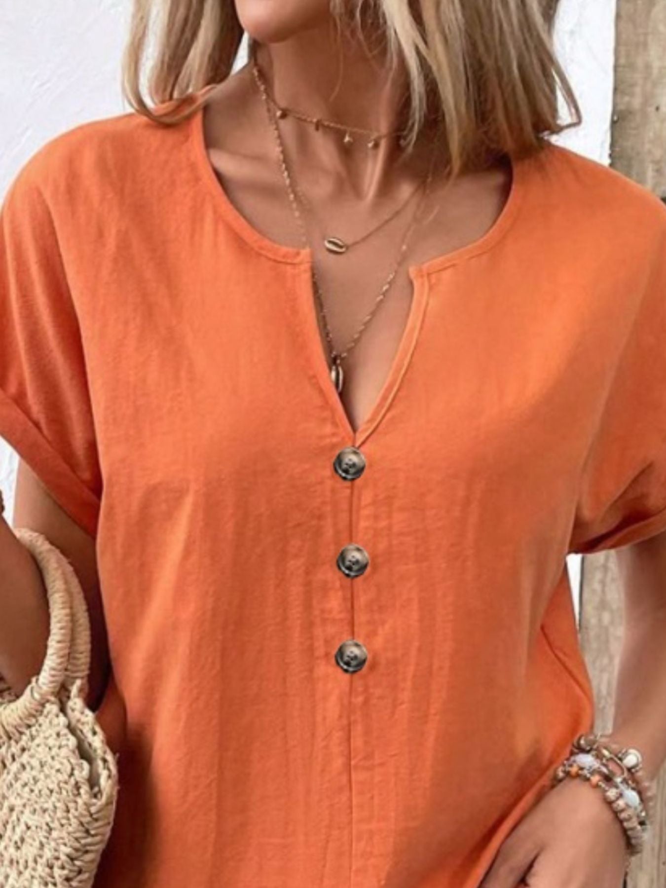 Notched Short Sleeve Blouse