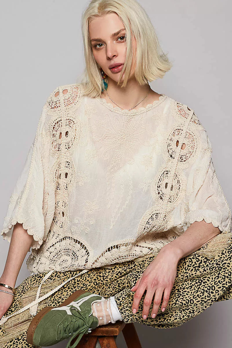 POL Round Neck Crochet Top with Floral Embroidery Detail