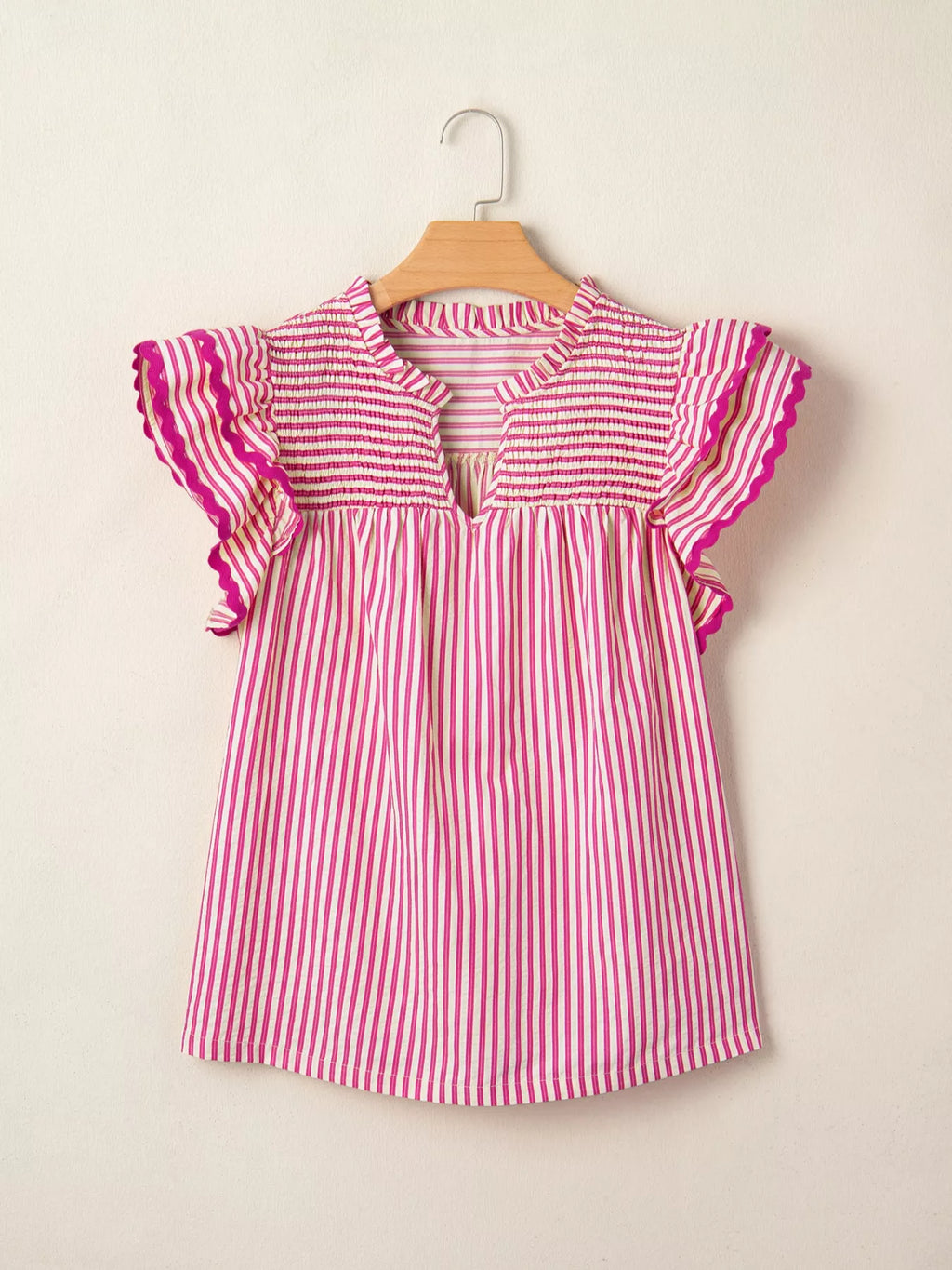 Stripe Shirred Yoke Ruffled Short Sleeve Blouse