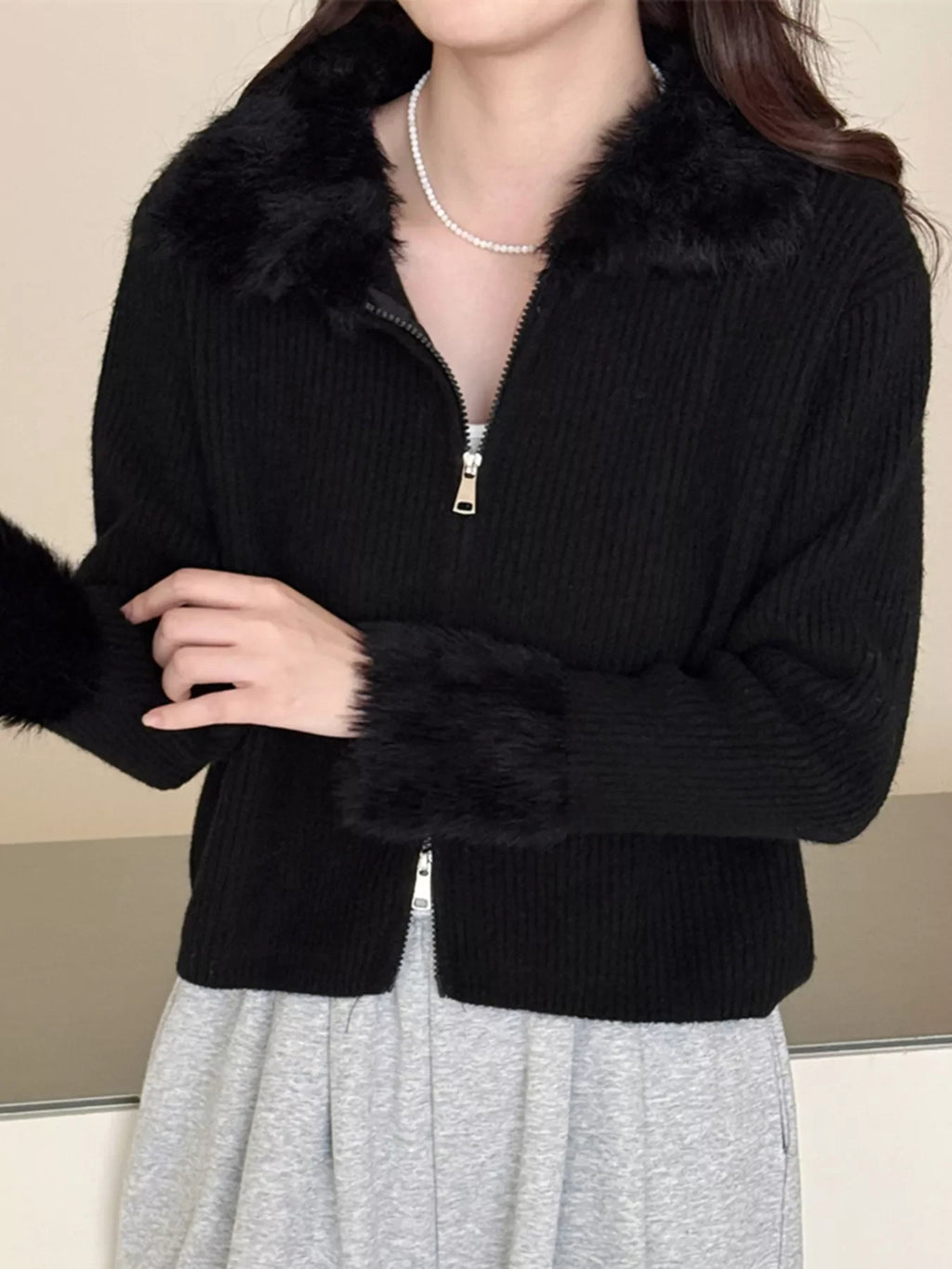 Fluffy Trim Zip-Up Cardigan
