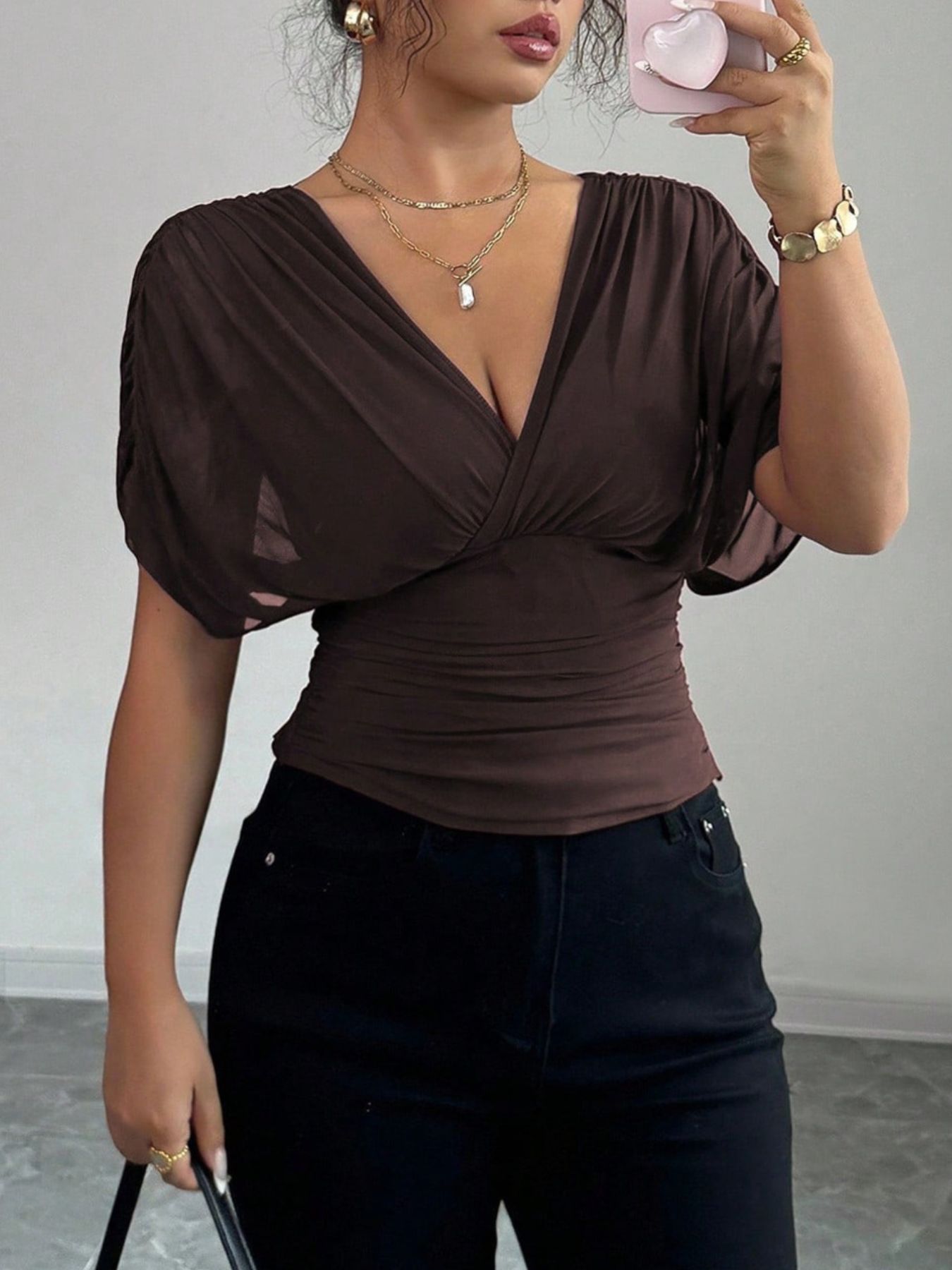 Ruched Surplice Short Sleeve Top