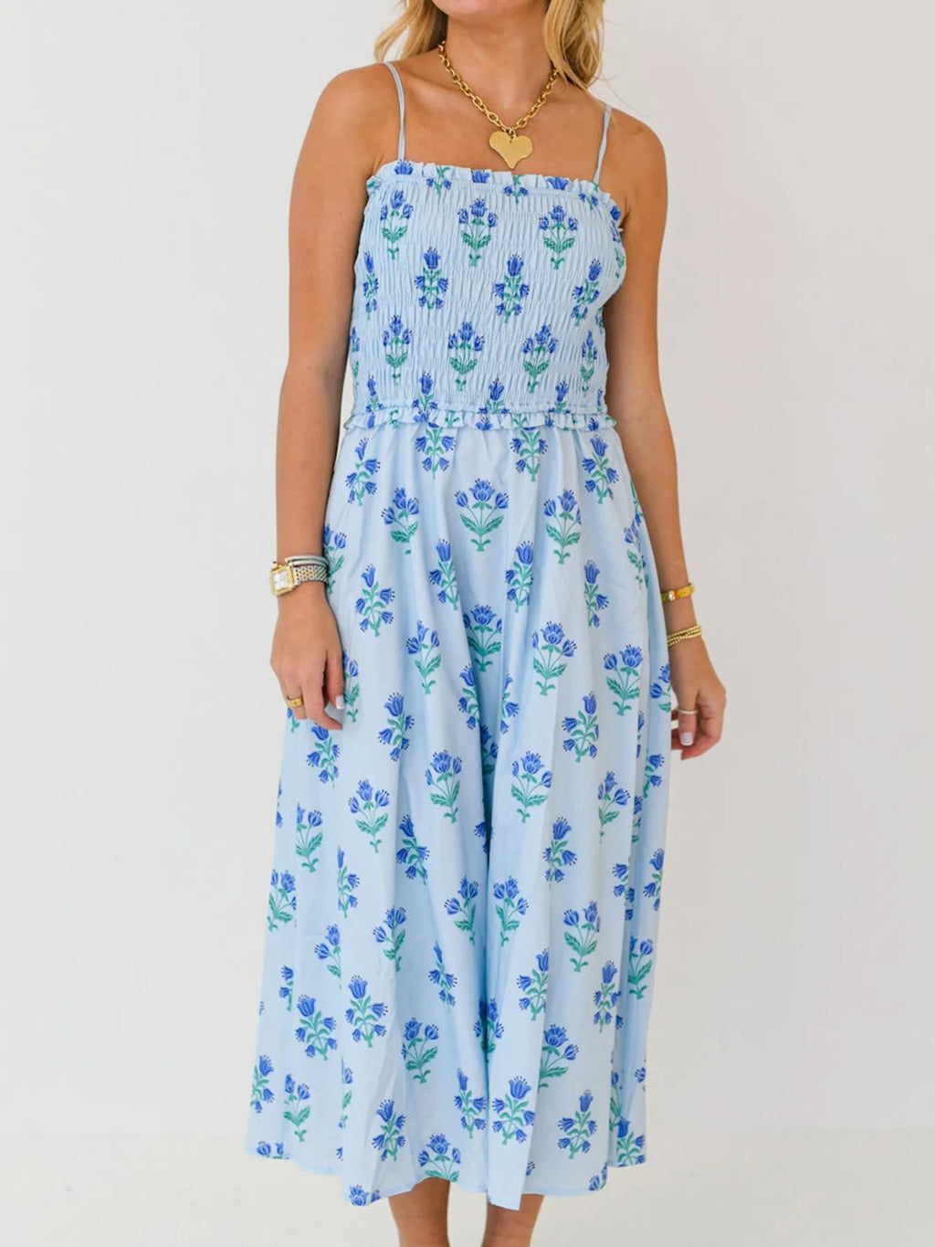Floral Smocked Adjustable Strap Midi Cami Dress