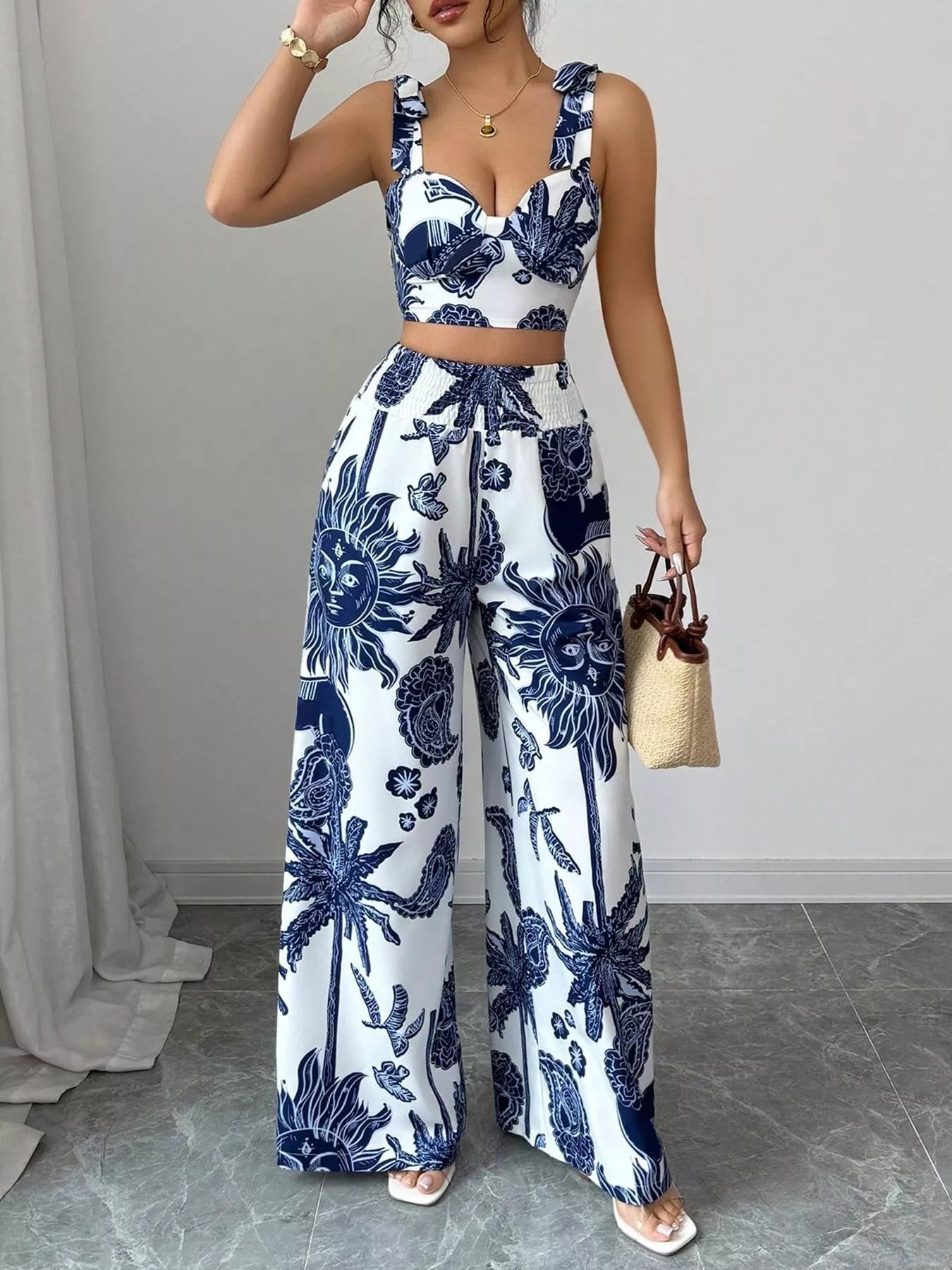 Floral Print Crop Top and Wide Leg Pants Set