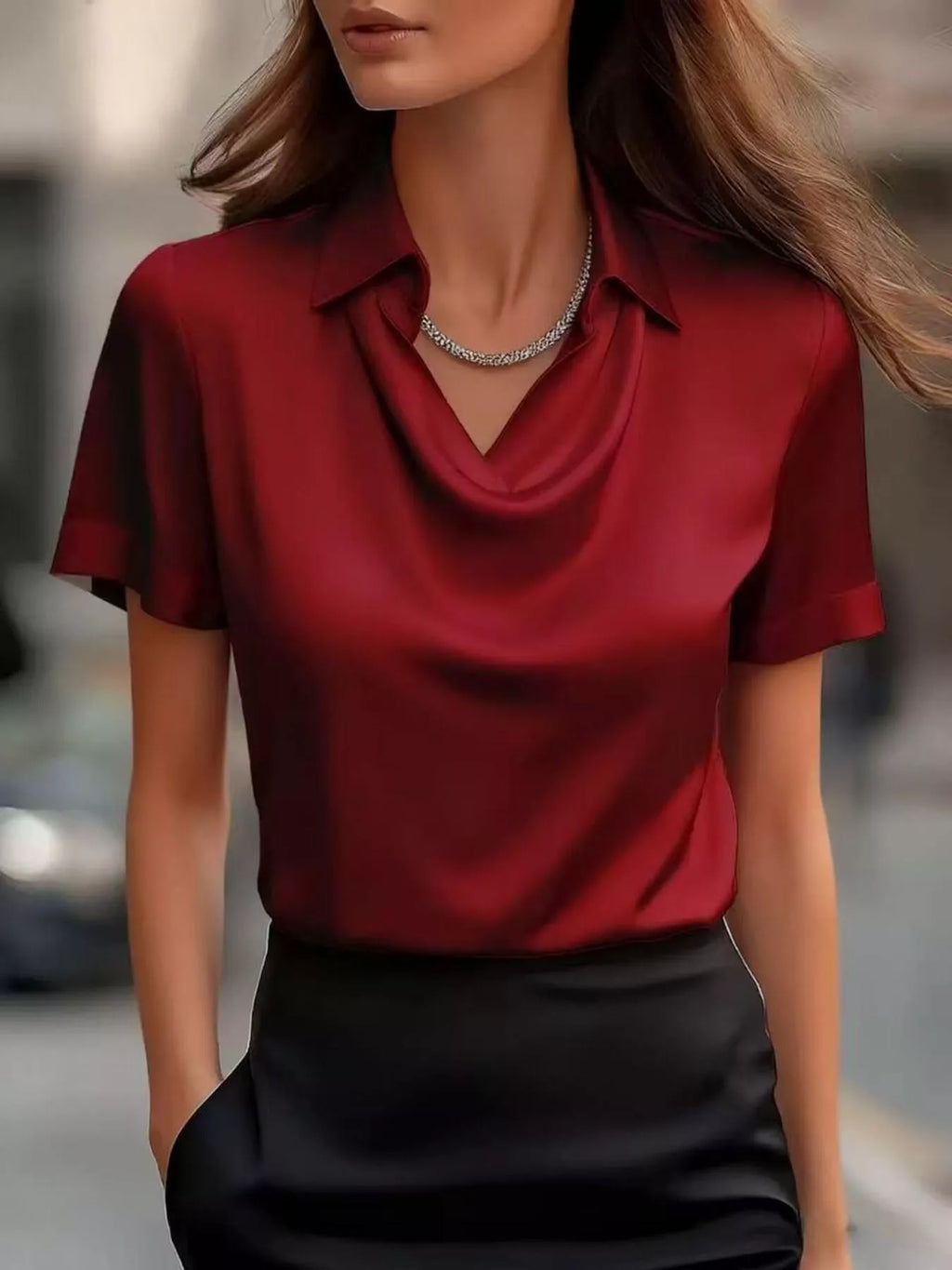 Full Size Satin Cowl Neck Blouse Plus Size