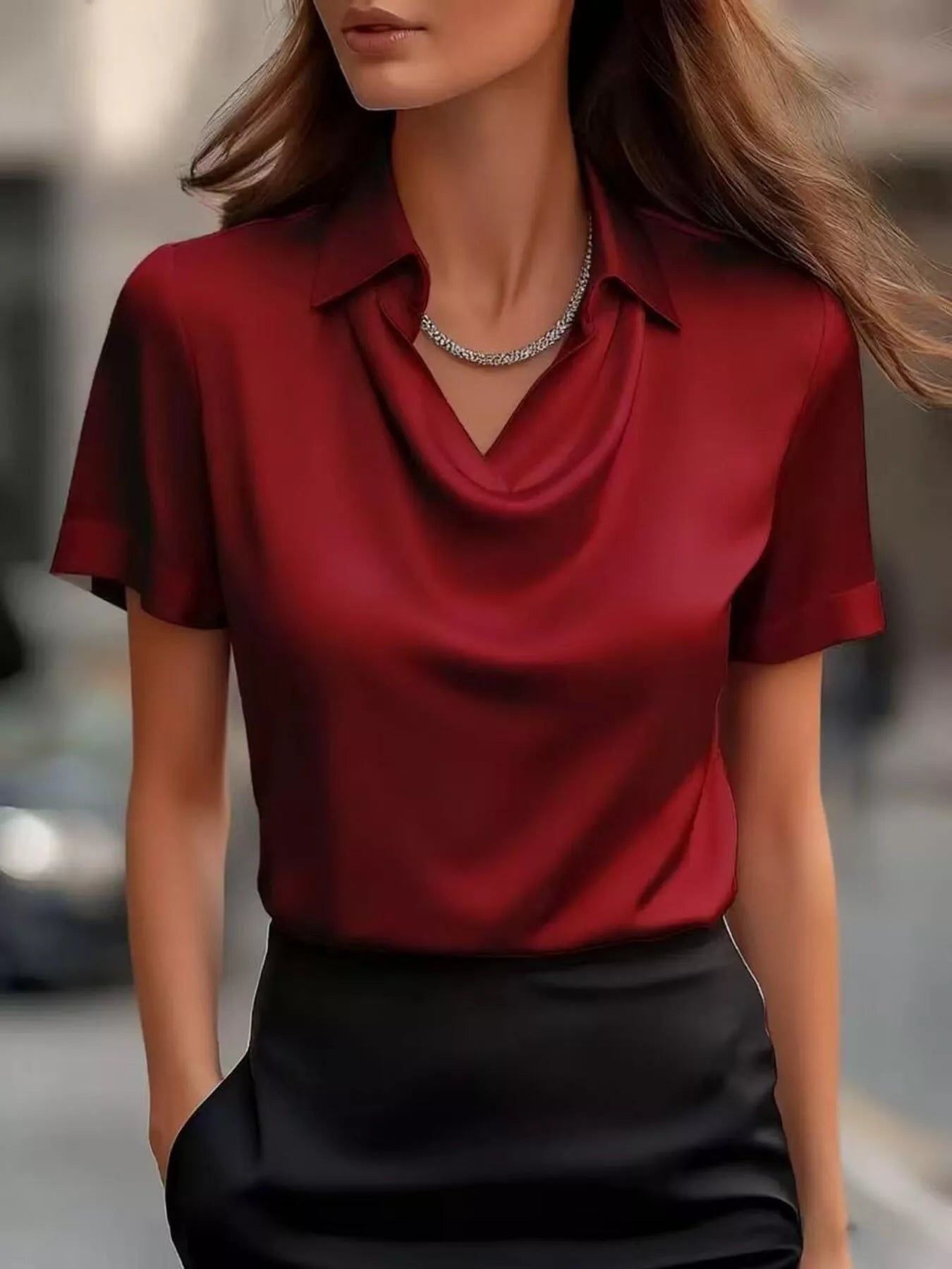 Full Size Satin Cowl Neck Blouse Plus Size