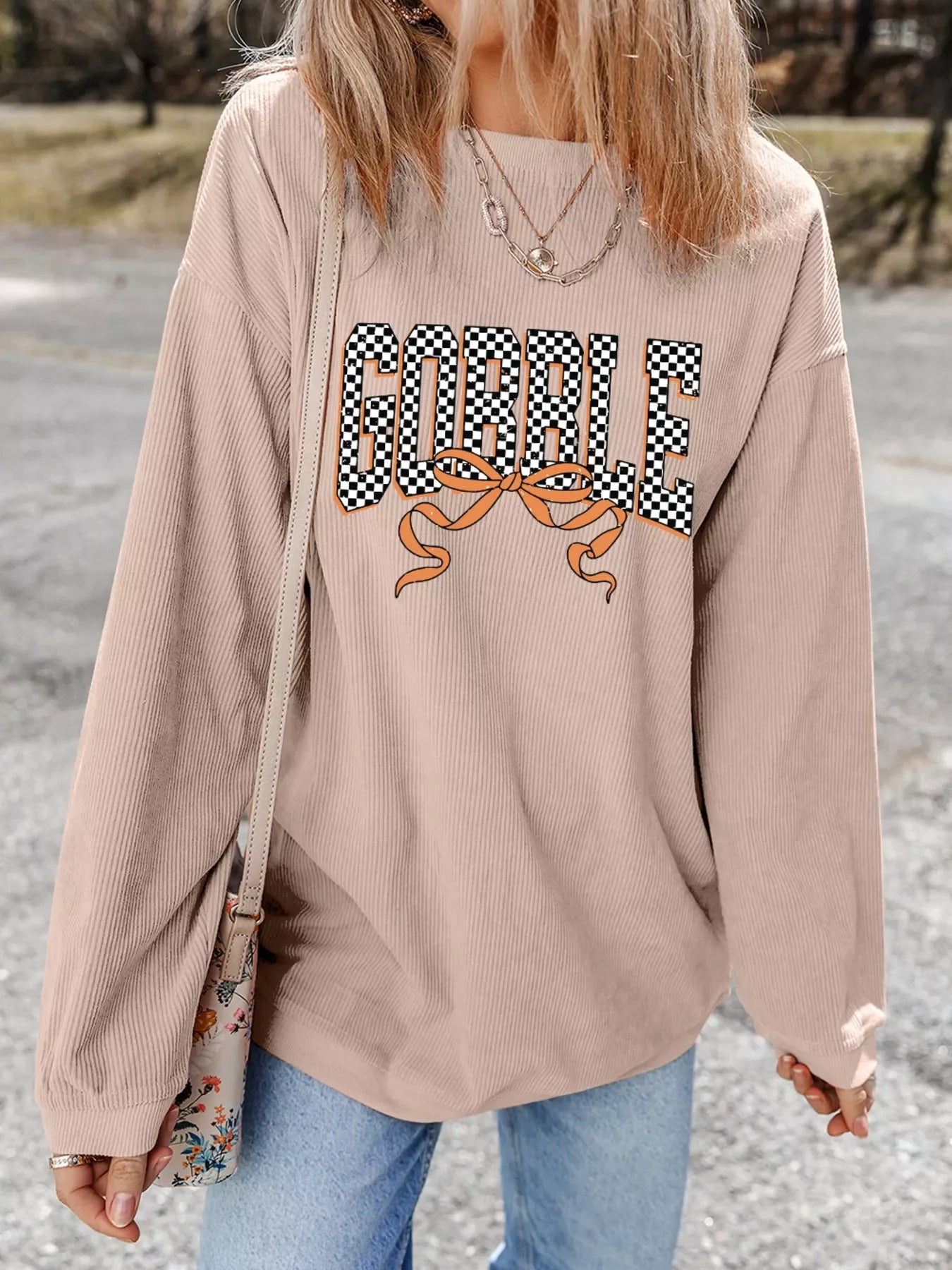Twisted Ribbed Texture Checkered GOBBLE Bow Baggy Sweatshirt