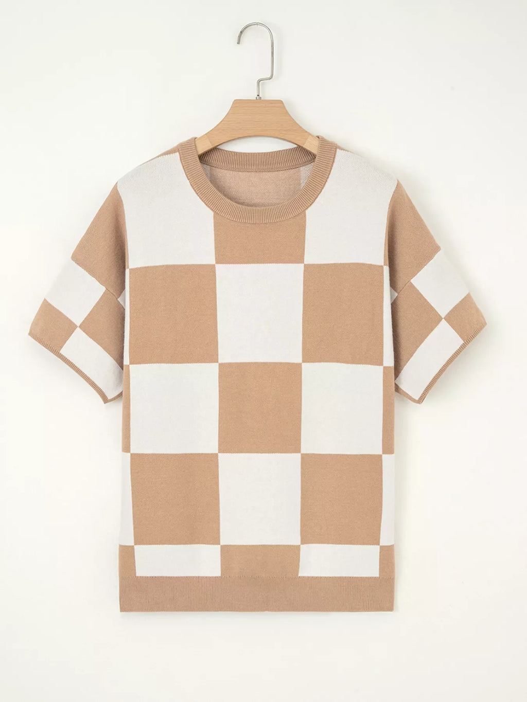 Checkered Pattern Loose Drop Shoulder Half Sleeve Sweater