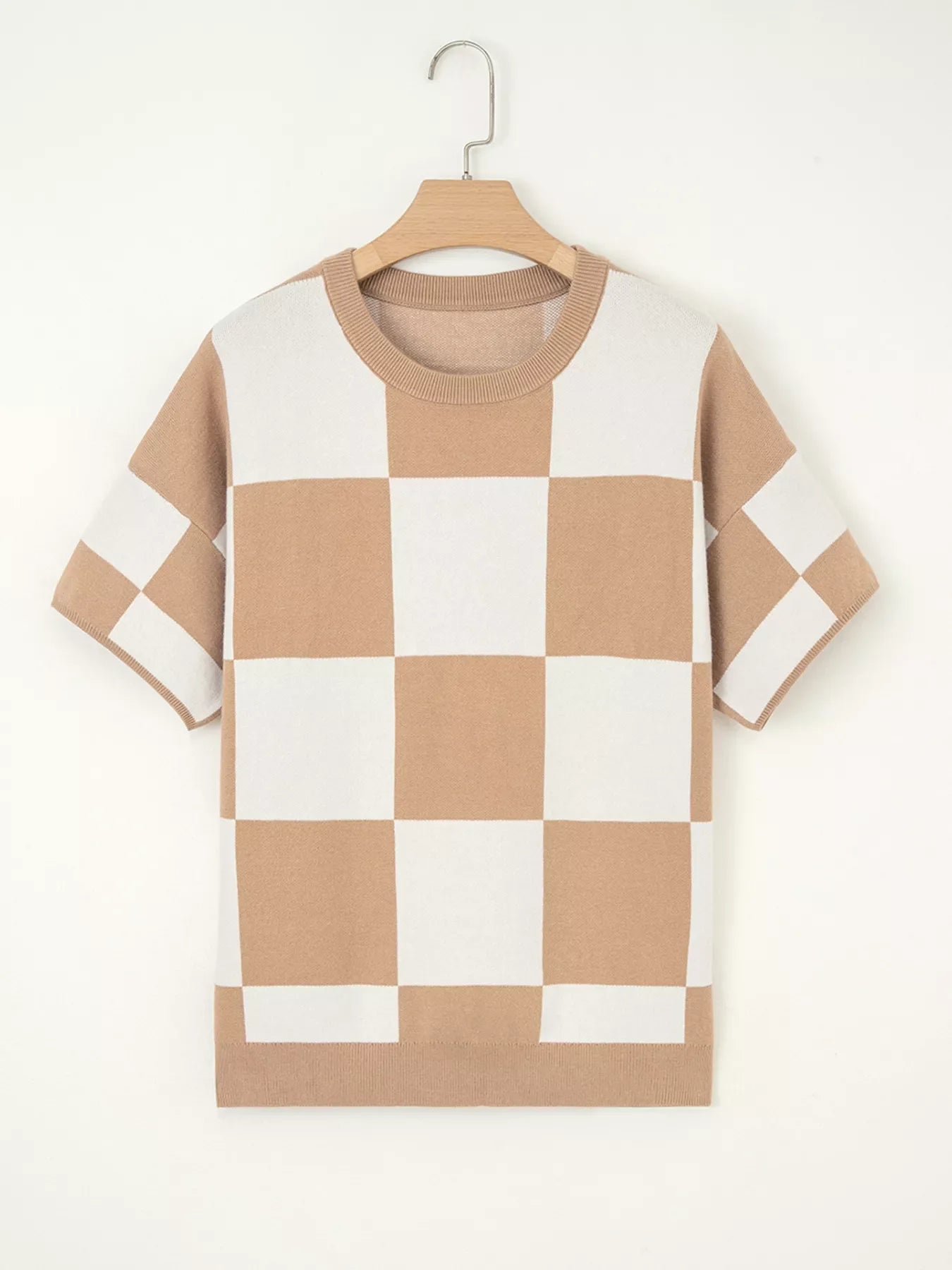 Checkered Pattern Loose Drop Shoulder Half Sleeve Sweater