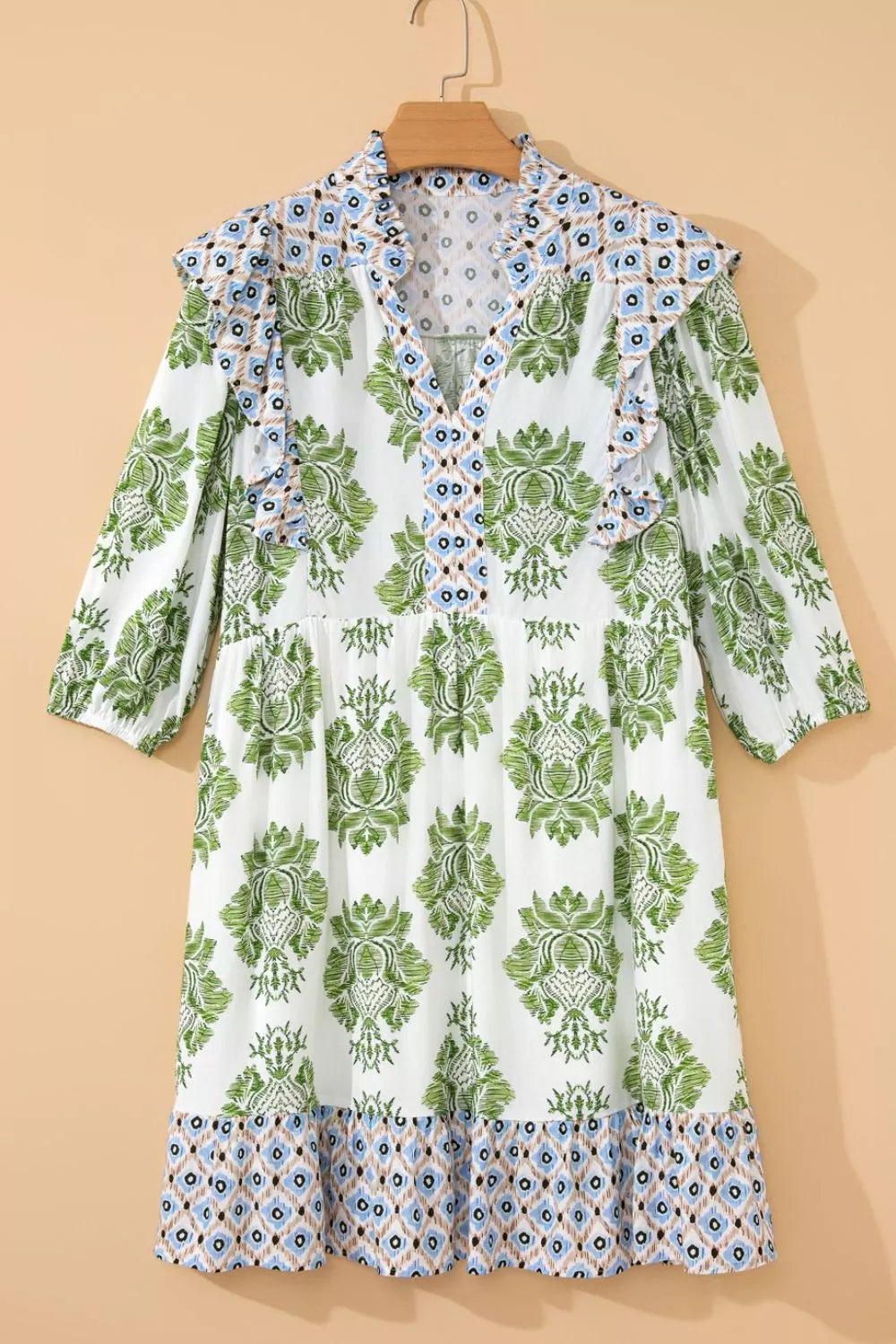Floral Print Contrast Patchwork Ruffle Detail Mini Dress