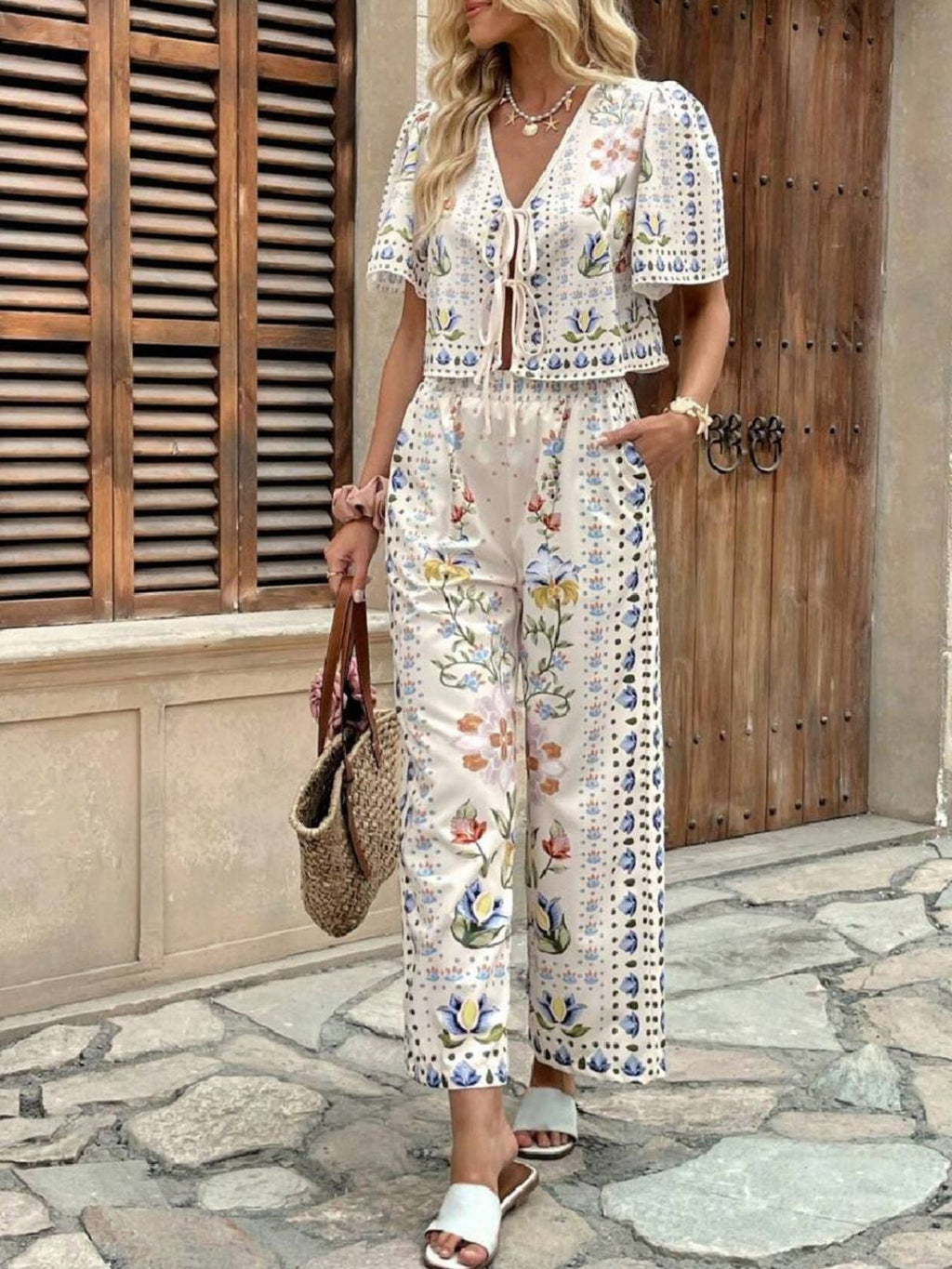 Floral Print Tie-Front Top and Pants Set